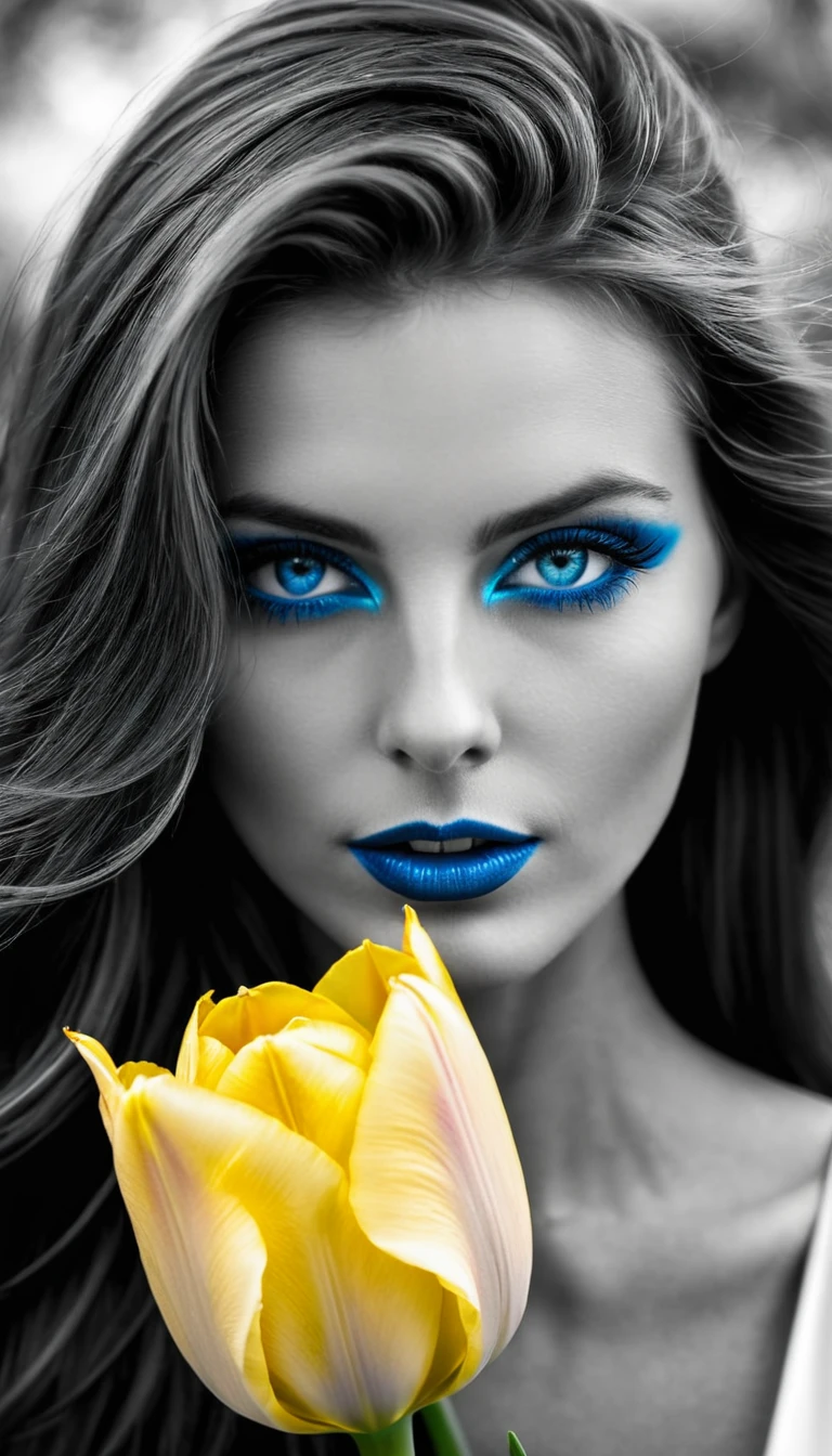 Photo noir et blanc et bleu profond, une femme aux yeux bleus sublimes, (longs cheveux aux reflets bleus électriques très détaillés), une peau impeccable, tir à moitié du corps, tenant une tulipe darkblue, intensité du regard captivant, style de photographie fantaisiste, capturé avec un appareil photo Arriflex 35BL utilisant des objectifs Canon K25, Cinématique, Éclairage dramatique, Extrêmement clair, masterpiece surréaliste à couper le souffle, (sublime tulipe très détaillé, tulipe aux couleurs irisées) 
