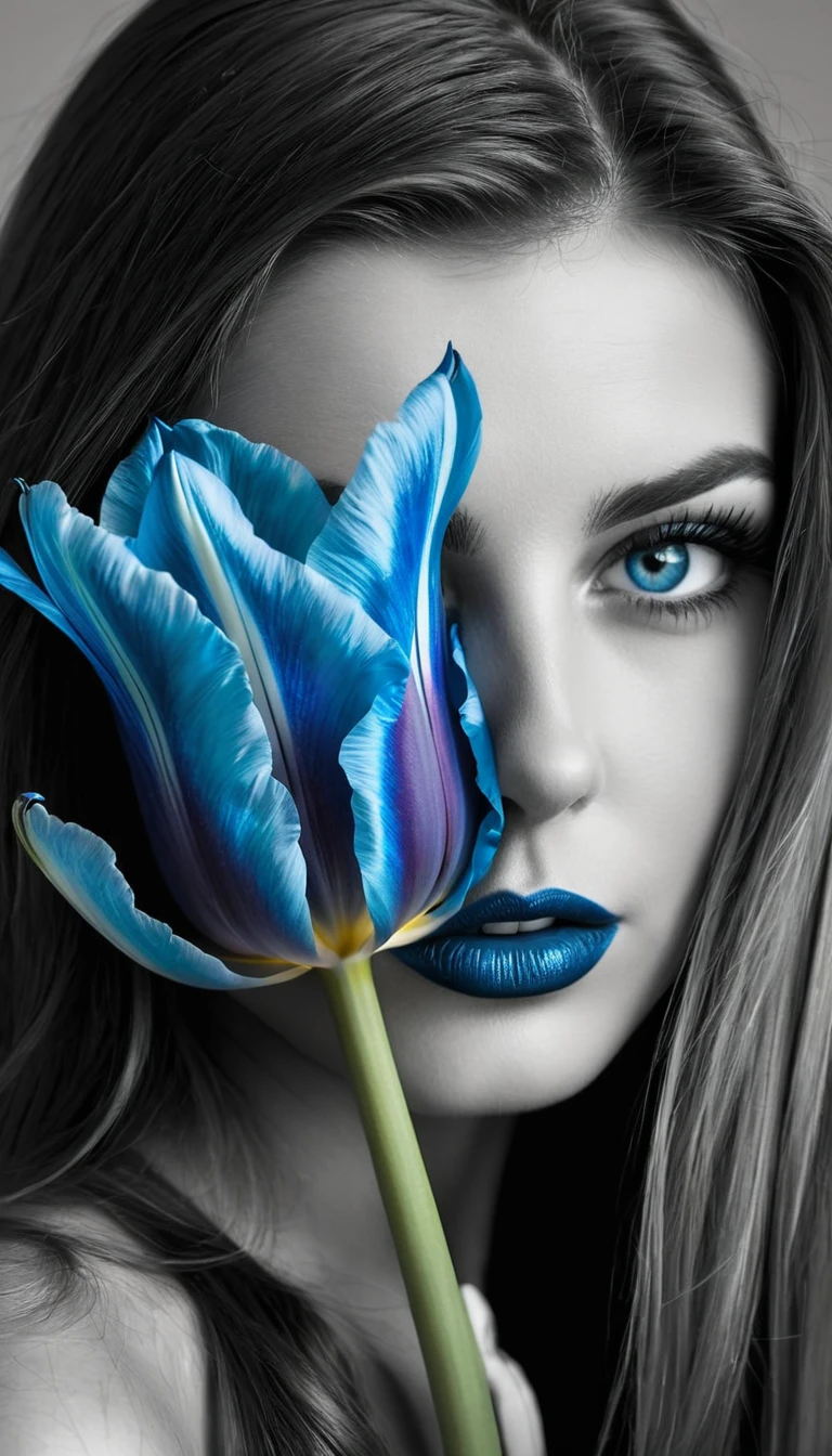 Photo noir et blanc et bleu profond, une femme aux yeux bleus sublimes, (longs cheveux aux reflets bleus électriques très détaillés), une peau impeccable, tir à moitié du corps, tenant une tulipe darkblue, intensité du regard captivant, style de photographie fantaisiste, capturé avec un appareil photo Arriflex 35BL utilisant des objectifs Canon K25, Cinématique, Éclairage dramatique, Extrêmement clair, masterpiece surréaliste à couper le souffle, (sublime tulipe très détaillé, tulipe aux couleurs irisées) 
