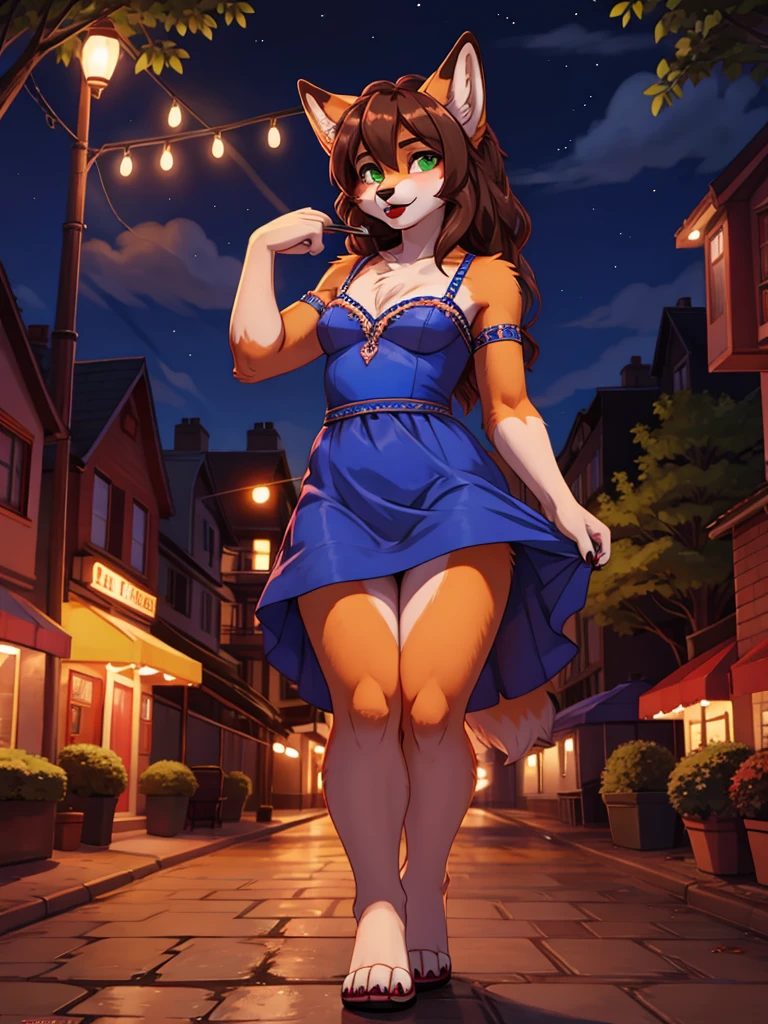 Best quality, furry male fox with green eyes, with brown long hair, with black spout, with red lipstick on lips, big lips, in a blue dress, crossdressing, shy, shows its charms, sexy pose, stands seductively against the backdrop of a night park 