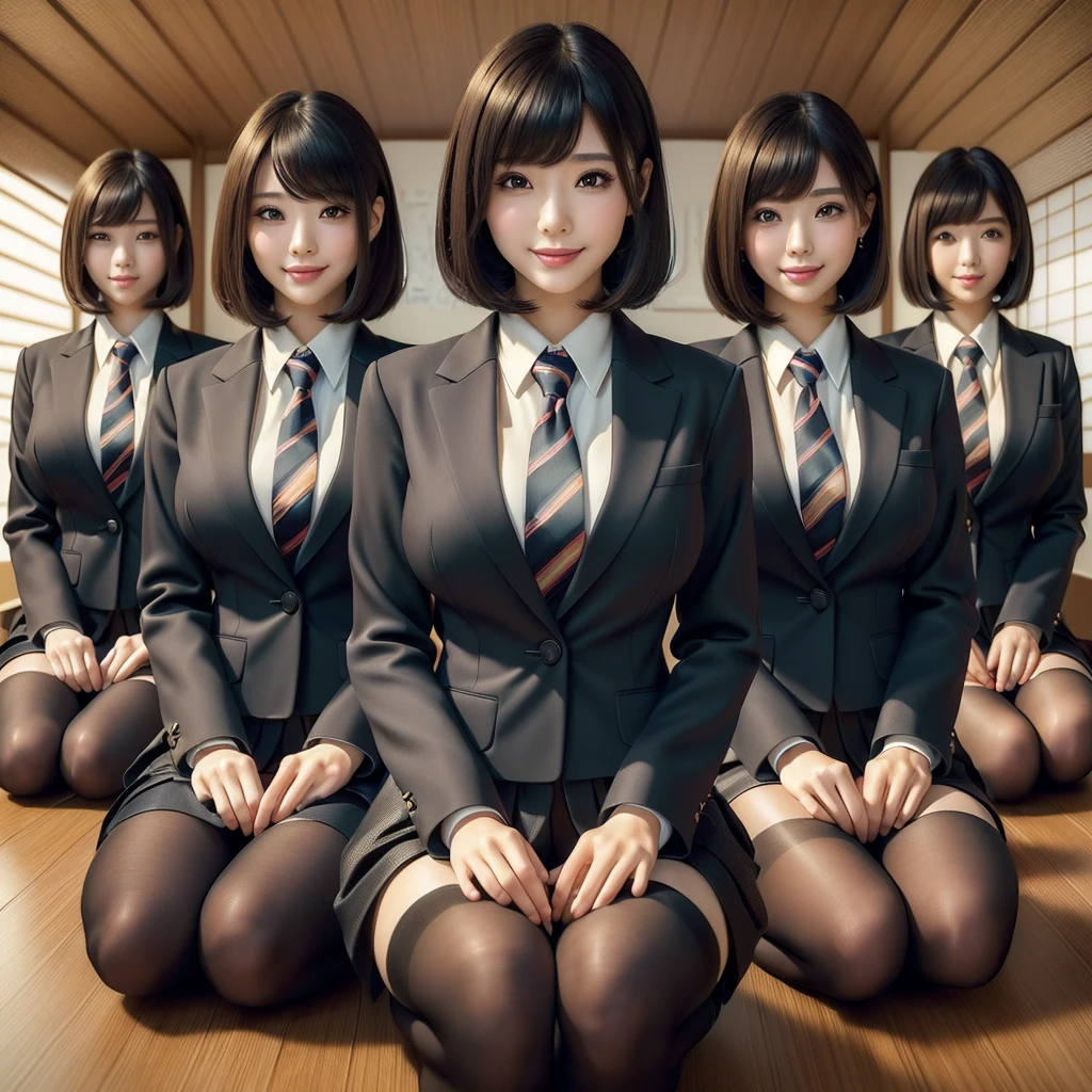 (best quality, masterpiece:1.5), (ultra-detailed, realistic:1.37),4K,(4woman:1.5),japanese,cute,beautiful,(silk office uniform:1.2),(tight skirt:1.2),(black pantyhose),(seiza),(big breast),(see through blouse),(bra),smile,