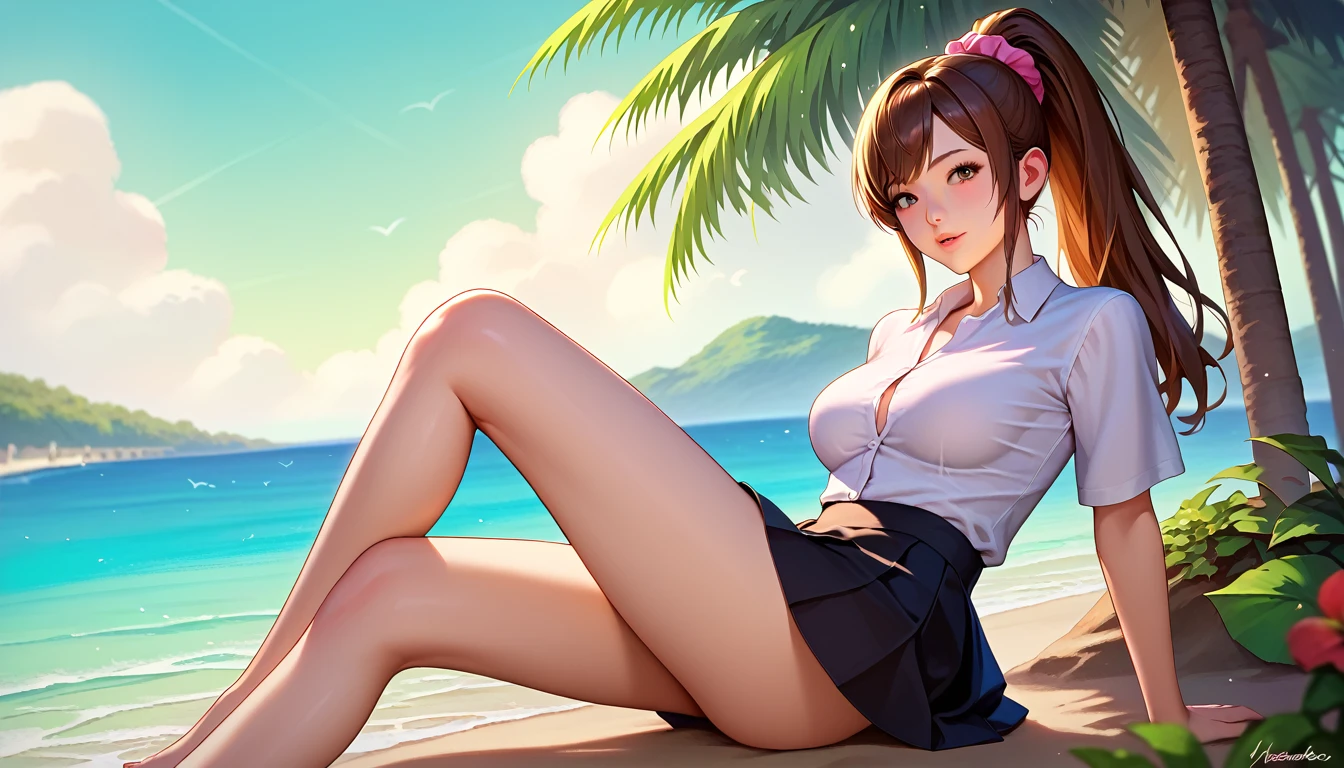 score_9, score_8_up, score_7_up, source_anime, masterpiece, best quality, very aesthetic, uncensored, 1 girl, cute face, beautiful detailed eyes, detailed lips, shirt, skirt, round breasts, medium breasts, voluminous ponytail, pink scrunchie hair, brown hair, slender legs, resort, beach, tree