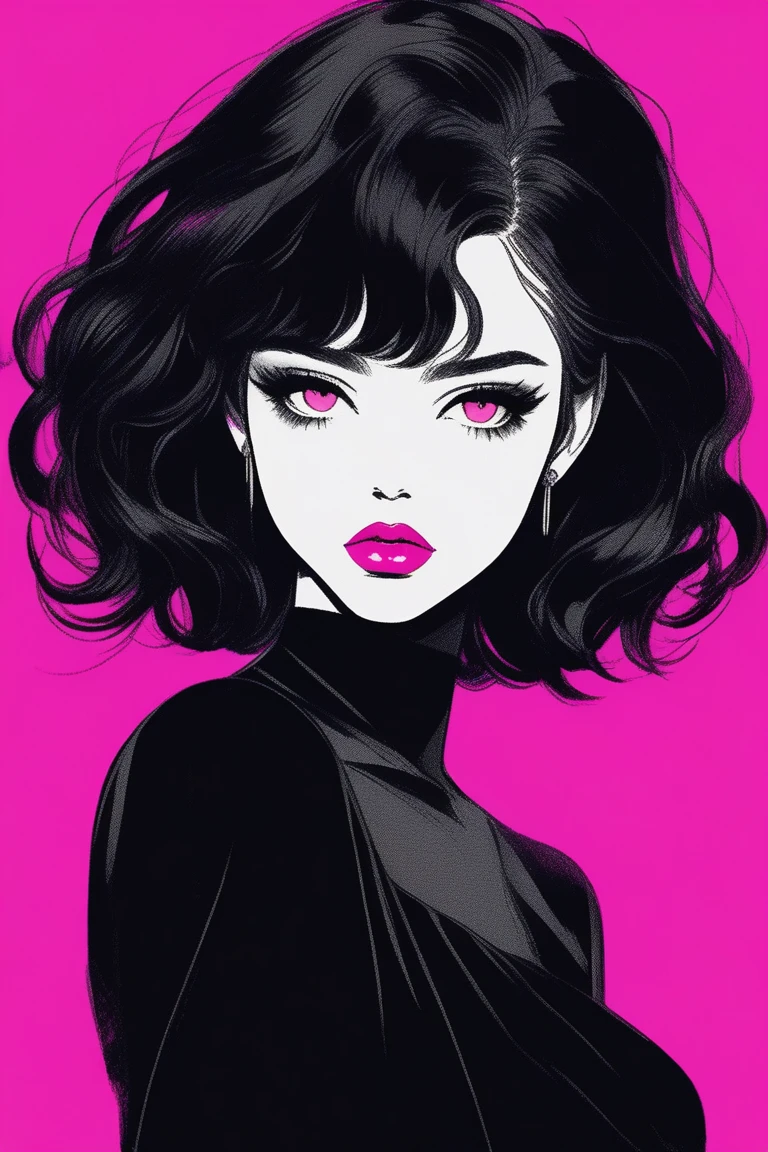 (best quality, sketch:1.2),realistic,illustrator,anime,1 girl, detailed lips, black dress,custom, (background dark monochrome), dark hair,textured cropping, masterpiece, style retro classic, noir dark, art, sketch book, (bob hair black:1.75 neon:1.32), bad women , dark shadows