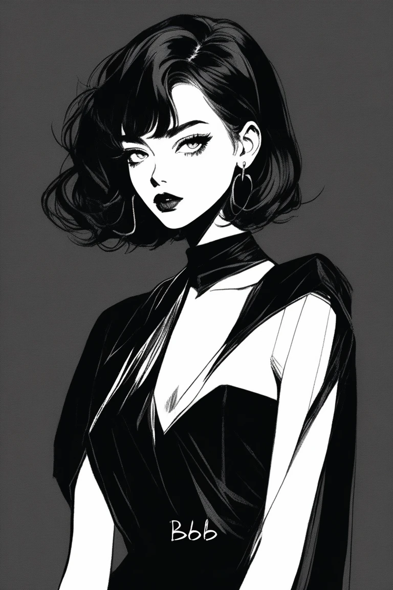 (best quality, sketch:1.2),realistic,illustrator,anime,1 girl, detailed lips, black dress,custom, (background dark monochrome), dark hair,textured cropping, masterpiece, style retro classic, noir dark, art, sketch book, (bob hair black:1.75 neon:1.32), bad women , dark shadows