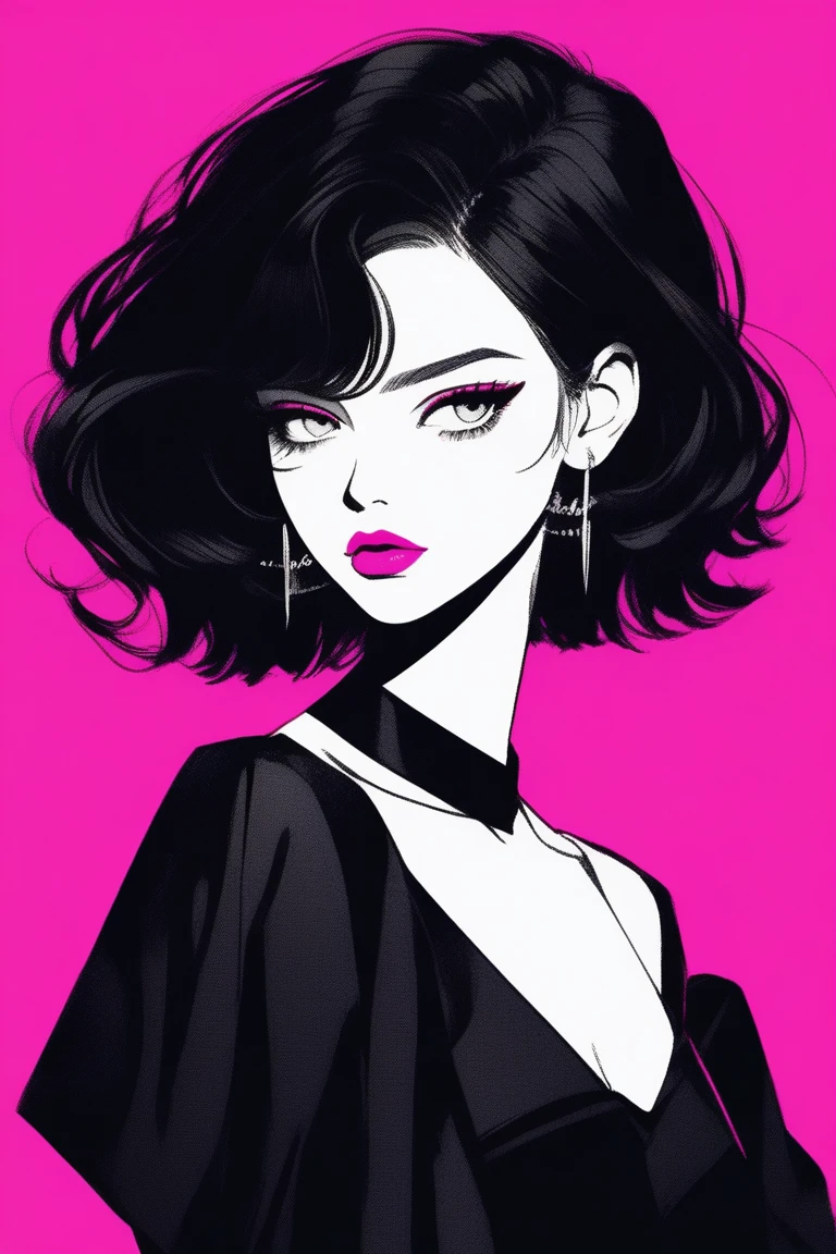 (best quality, sketch:1.2),realistic,illustrator,anime,1 girl, detailed lips, black dress,custom, (background dark monochrome), dark hair,textured cropping, masterpiece, style retro classic, noir dark, art, sketch book, (bob hair black:1.75 neon:1.32), bad women , dark shadows 