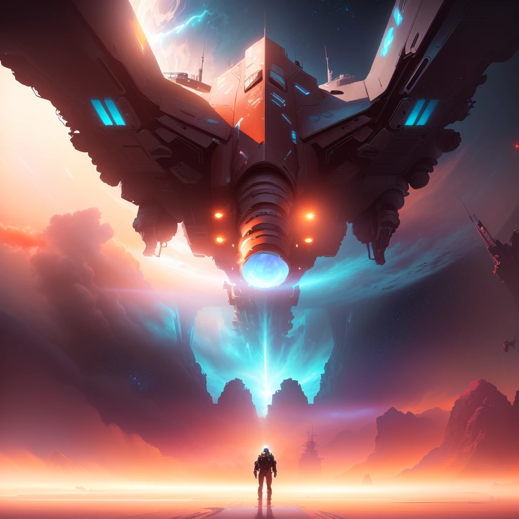 a man standing in front of a spaceship with a sky background, star citizen digital art, sci fi epic digital art, by Christopher Balaskas, sci-fi digital art, sci-fi space game art, sci-fi digital art illustration, sci fi artwork, scifi art, sci-fi digital painting, mystical sci-fi concept art, sci fi digital painting