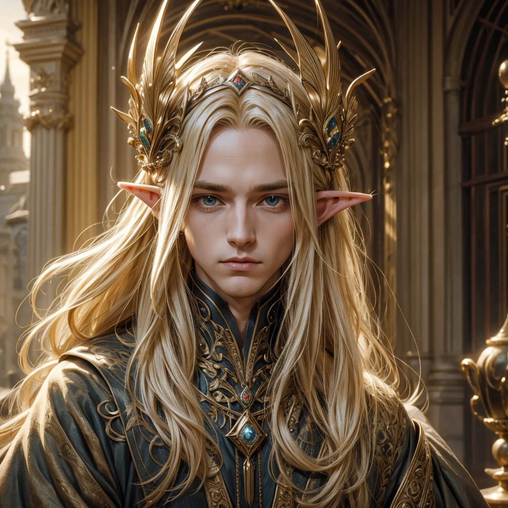 Blonde Hair, Long Hair, Showing his forehead, Similar to Elf, Elven headdress on head, One handsome man, Late 20s, Face facing the camera、The gaze is directed towards the camera