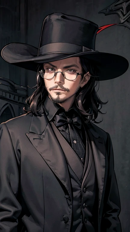 (countd,glasses,hat,suit,black jacket), (extremely detailed CG unit 8k wallpaper),(master part), (best quality), (ultra detail), (best illustration),(Kojima Ayami Style), cowboy shot, (Sharp eyeliner, ombre, detailed eyes:1), Dracula's Castle, break , upper body