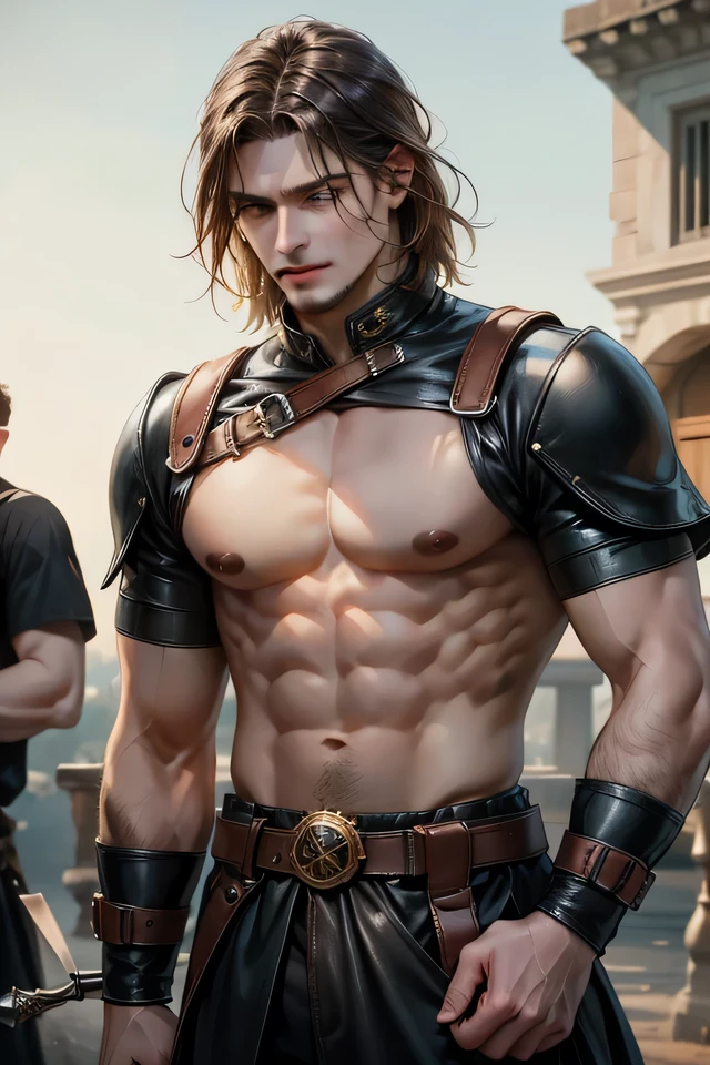 artwork, high quality, Better quality, beautiful, HD, Realist, Perfect lighting, Detailed face, Detailed body, 1 person, Solitary, Black Hair, Green Eyes, Long black beard, brown and worn leather clothing Gladiator style: 1.4), Leather Breastplate, 1 wooden spear in hand, War battle background, Gladiator style, Muscle Man, strong, Angry expression,