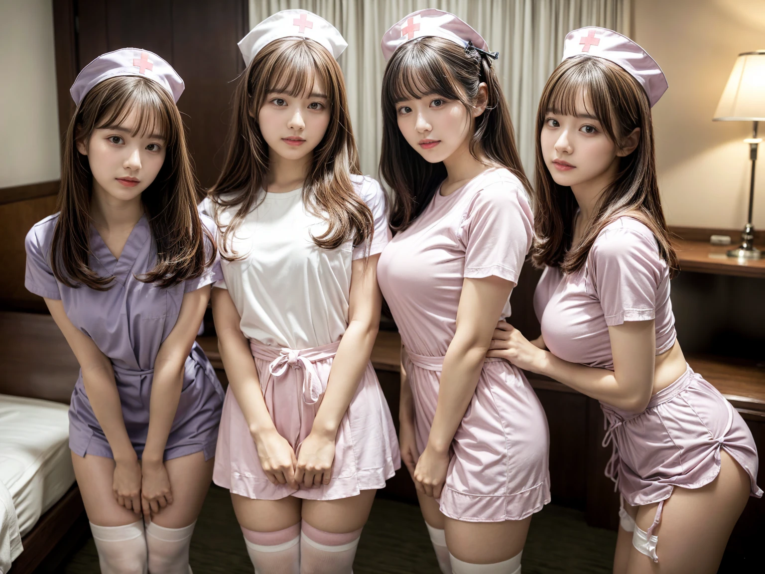masterpiece, best quality, illustration, Super detailed, fine details, High resolution, 8K,wall paper, perfect dynamic composition,(Details High quality, realistic depiction of eyes:1.3), (3 girls), ((nurse cap, short sleeves, light pink nurse wear, ((white legwear, zettai ryouiki)))), sitting, open legs, short bob hair, in a hotel room in the background, deep on field, large breasts, black hair color, Big Natural Color Lip, (perfect body shape), crying a little、Harajuku style、20 year old girl、cute type、beautiful legs, Gravure Idol