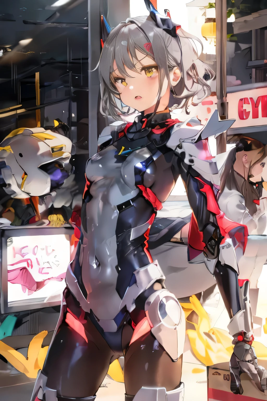 ((​masterpiece:1.4、top-quality))+、(ultra-detailliert)+、
1 girl in、cyberpunkcity、flat-chest、hair wavy、mecha clothes、(robot girl)、Cool move、Silver Bodysuit、colorful backdrop、rainy day、(lightning effects)、Silver Dragon Armor、(cold face)、cowboy  shot、cute girl