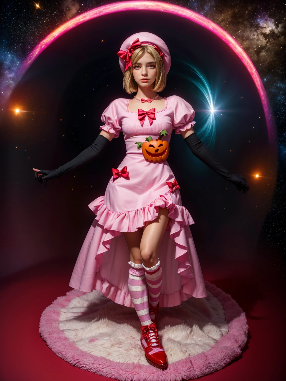 (1 lady), The beautiful, (Best quality at best:1.4), (ultra - detailed), (extremely detailed CG unified 16k), gold blonde hair, very detailed, High-definition RAW color photo, professional photoshooting, amazing face and eyes, cosmetics, (amazingly beautiful girl), ((lambdadelta, taller, tall woman, NOT Dasha Taran)), ((dress, shoes bow, red shoes, striped stockings, red bow, pink hat, necklace, gloves, pearl, pumpkin brooch, pink dress)), levitating in a cute posture (floating in the air), (She's levitating in a cosmic sea, outer space:1.3, quantum hyperspace room lacking walls, hyperspace chamber, extremely detailed background, a lot of details background, realistic background), (look from above), realistic cinematic face, head to feet long wide zoomed out view, full body long view, photorealistic, ((realistic natural blonde hair style, red eyes)), gorgeous, extremely beautiful face, perfect model beauty, pout mouth, Highly Detailed Face and Skin Texture, Detailed Eyes, Double Eyelids, Small Breasts, Persistent Stare, Faith Trance, (mystical stare, looking eternity), (masterpiece), best quality, high resolution, depth of field, cinematic lighting, amazing legs, pink combat boots, clear and well-cared skin