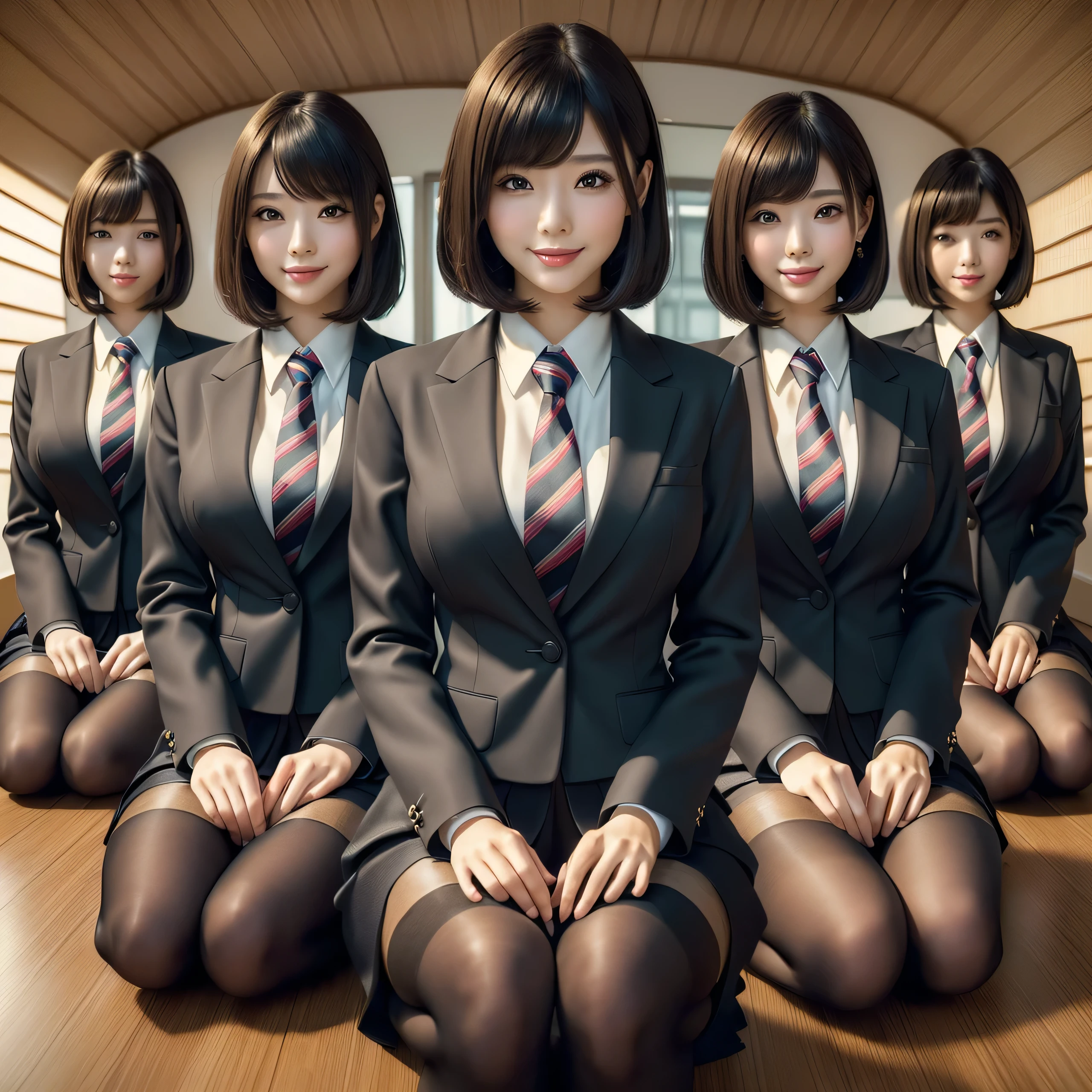 (best quality, masterpiece:1.5), (ultra-detailed, realistic:1.37),4K,(4woman:1.5),japanese,cute,beautiful,(silk office uniform:1.2),(tight skirt:1.2),(black pantyhose),(seiza),(big breast),(see through blouse),(bra),smile,