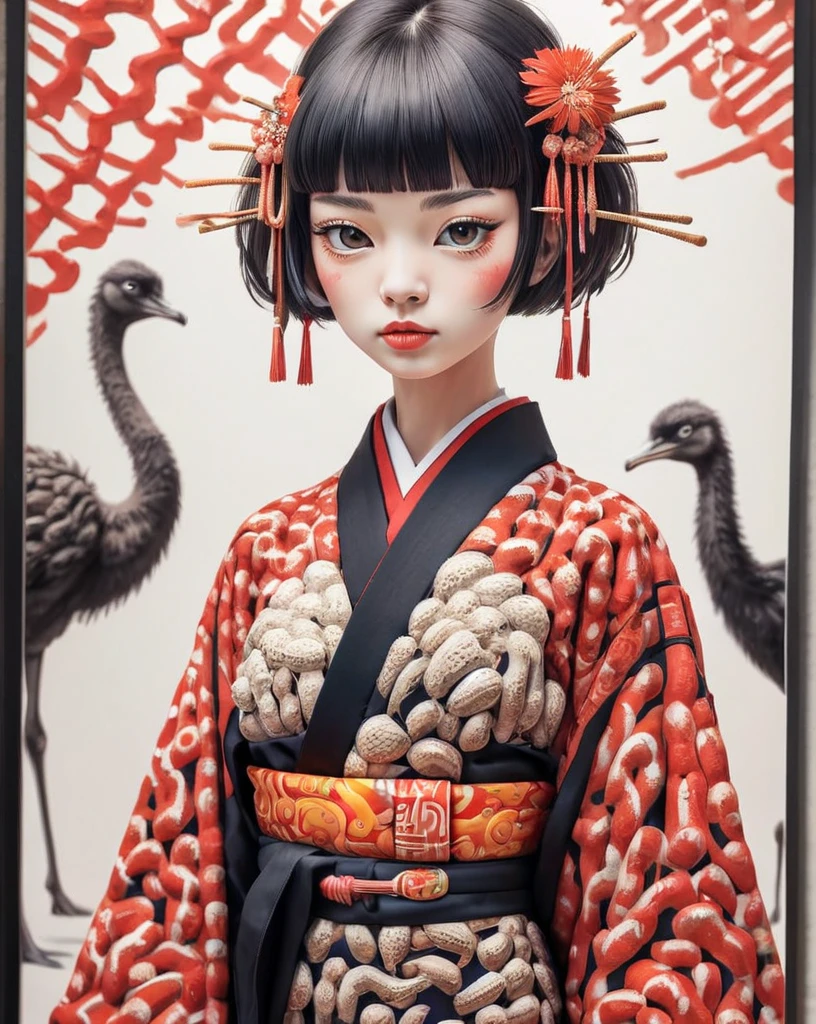 Insane Details, Ostrich Face, Shallow depth of field, Intricate details, Bright design, Poster Art、Kimono with red Japanese pattern、Black bobcut、girl