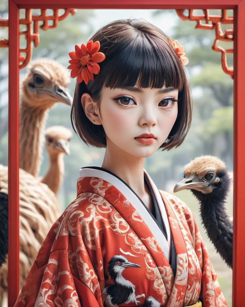 Insane Details, Ostrich Face, Shallow depth of field, Intricate details, Bright design, Poster Art、Kimono with red Japanese pattern、Black bobcut、girl