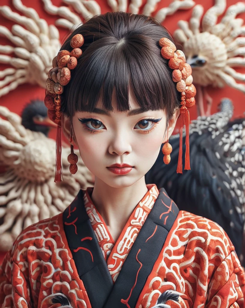 Insane Details, Ostrich Face, Shallow depth of field, Intricate details, Bright design, Poster Art、Kimono with red Japanese pattern、Black bobcut、girl