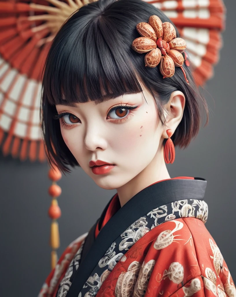 Insane Details, Ostrich Face, Shallow depth of field, Intricate details, Bright design, Poster Art、Kimono with red Japanese pattern、Black bobcut、girl