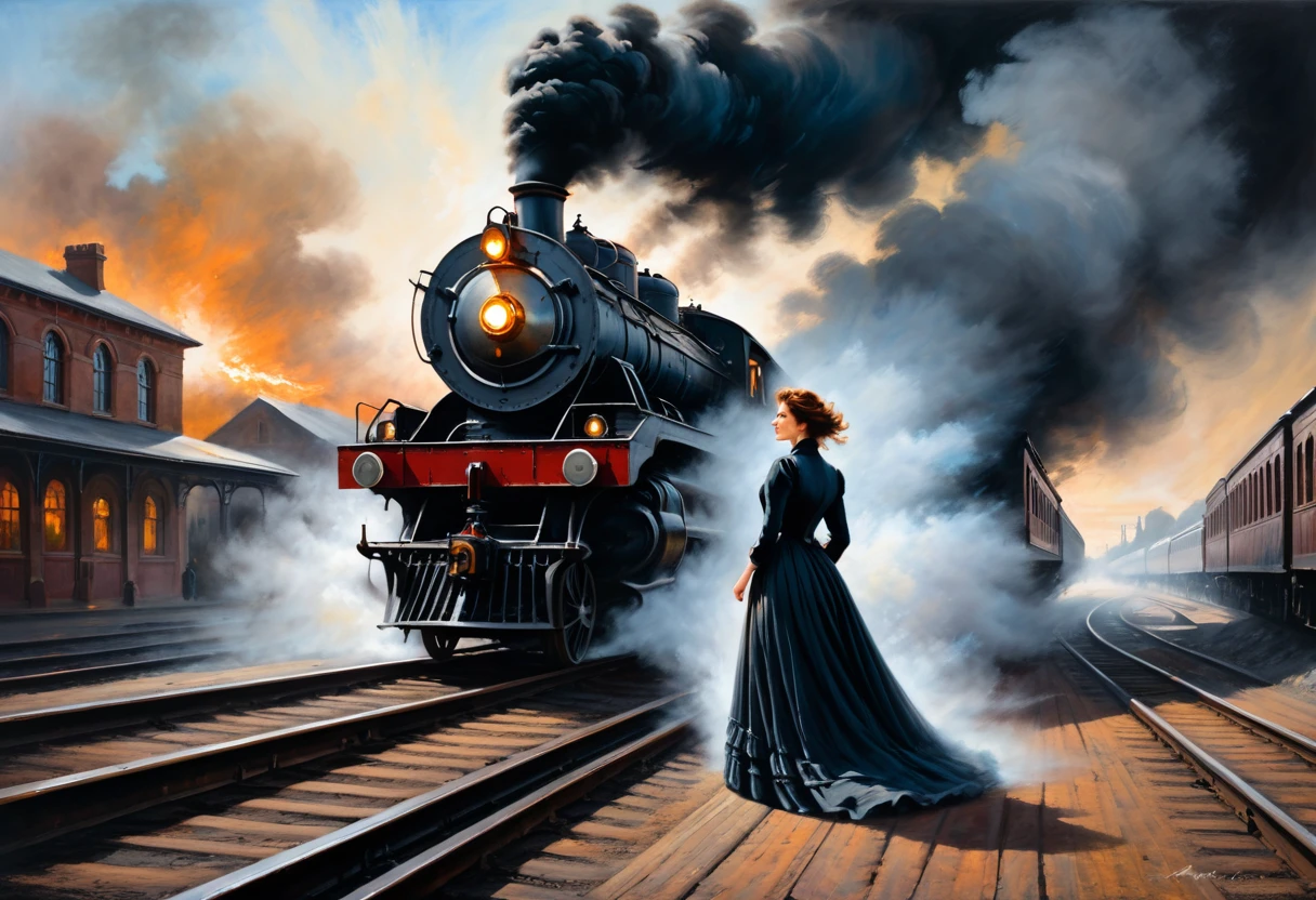 Pastel, dry chalk painting,
A dramatic scene of an old railway station with an approaching old steam locomotive. A distressed woman (((Anna Karenina: 1.5))) in Victorian dress throws herself in front of the locomotive, falling onto the tracks, creating a sense of urgency and danger. The atmosphere is tense, with a sharp contrast between the woman's dark attire and the surroundings, capturing a historical and emotional moment.