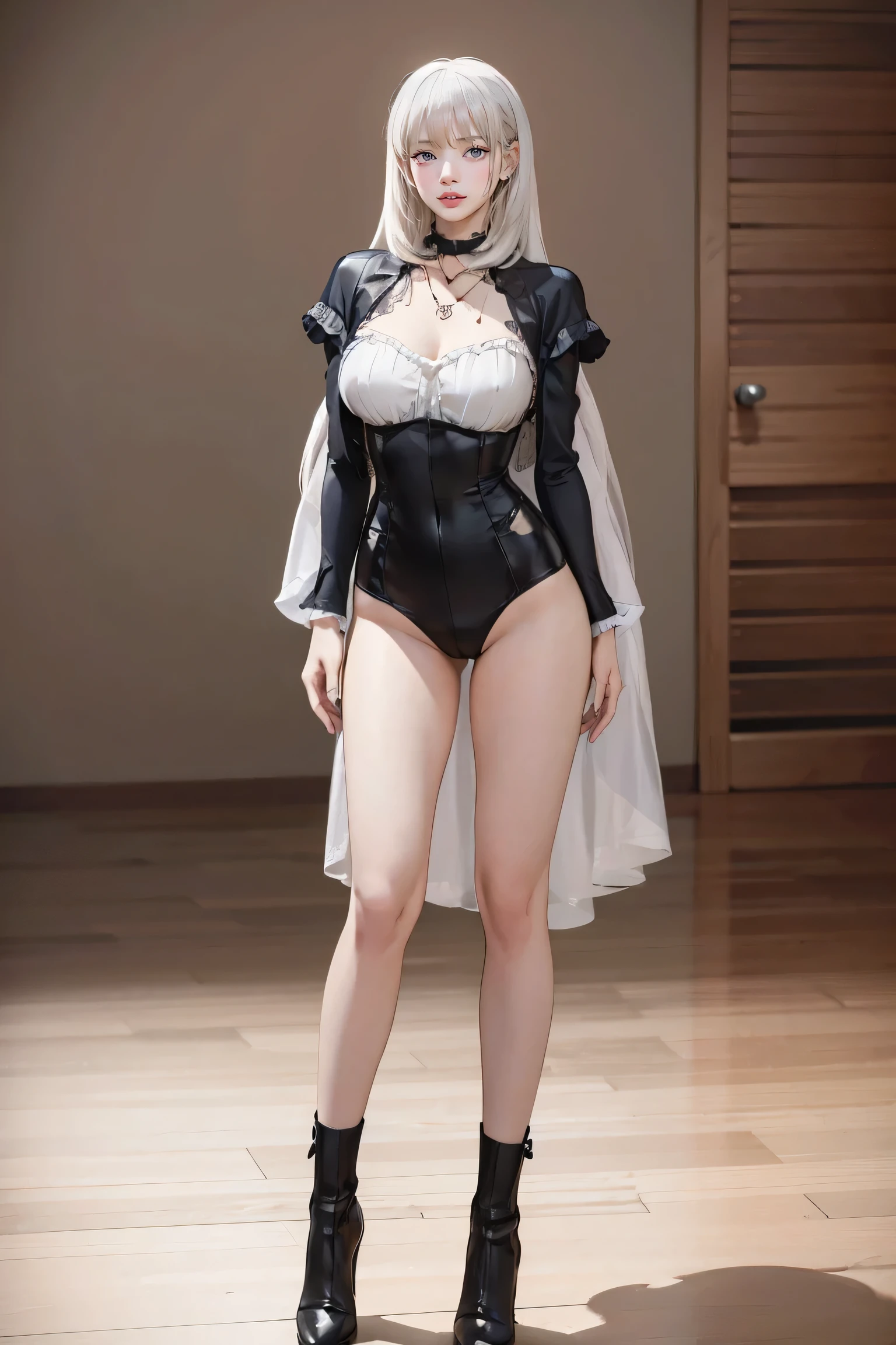 ((woman with tattoo on chest)), girl, ((long white hair with bangs,, Black strands of hair)), Purple eyes, White T-shirt and white cape, Pendant around the neck. 超High resolution.Realistic. 超High resolution.Realistic:1.4,超High resolution. Realistic,High resolutionで, masterpiece, Highest quality, Very detailed, Better Shadows, Volumetric lighting), super high quality, High resolution, 8k, Ultra-Realistic Portraits , Realistic, Dynamic Lighting, Volumetric lighting, Very detailed顔,(Browsing Caution:1.0), Full Body Stand Posture, Thin legs, ((Large Breasts)), Detailed facial details, Natural and beautiful standing posture,