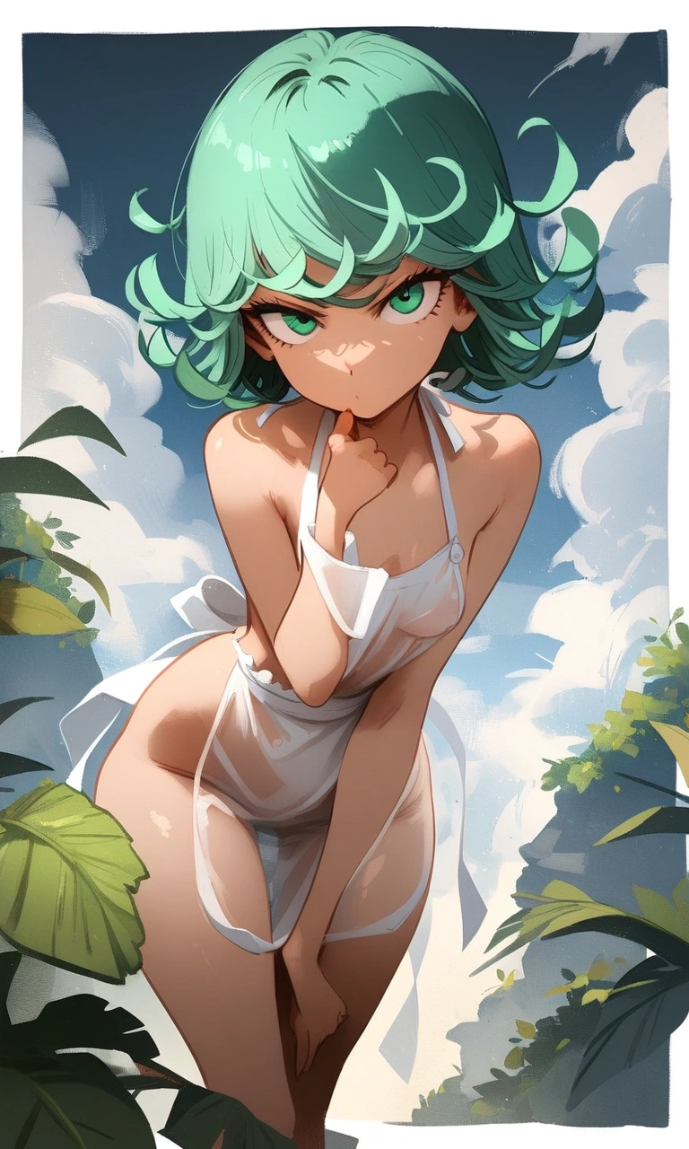 1girl, tatsumaki, one-punch man
\\\\\ masterpiece, best quality, newest ///// , khyle, cutesexyrobutts \\\\\ thin waist, solo, cropped legs, angry, dutch angle, naked apron,, transperent, see-through. sky, clouds, outside border, looking at viewer, leaning forward,greenery,