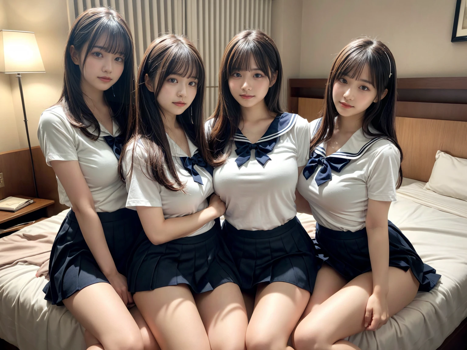 masterpiece, best quality, illustration, Super detailed, fine details, High resolution, 8K,wall paper, perfect dynamic composition,(Details High quality, realistic depiction of eyes:1.3), (3 girls), Black Sailor Uniform, serafuku, Navy pleated skirt, sitting, open legs, short bob hair, in a hotel room in the background, deep on field, large breasts, black hair color, Big Natural Color Lip, (perfect body shape), crying a little、Harajuku style、20 year old girl、cute type、beautiful legs, Gravure Idol