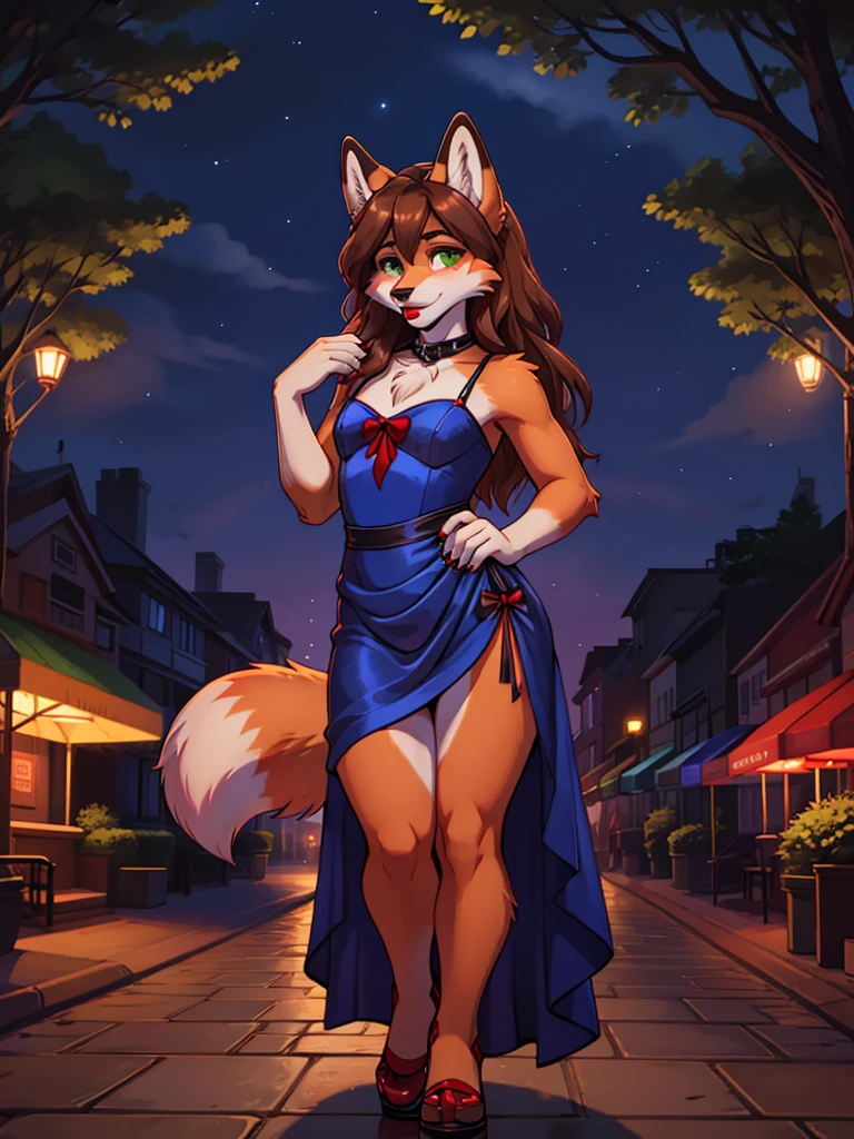 Best quality, furry male fox with green eyes, with brown long hair, with black spout, with red lipstick on lips, big lips, in a blue dress, crossdressing, shy, y pose, stands seductively against the backdrop of a night park
