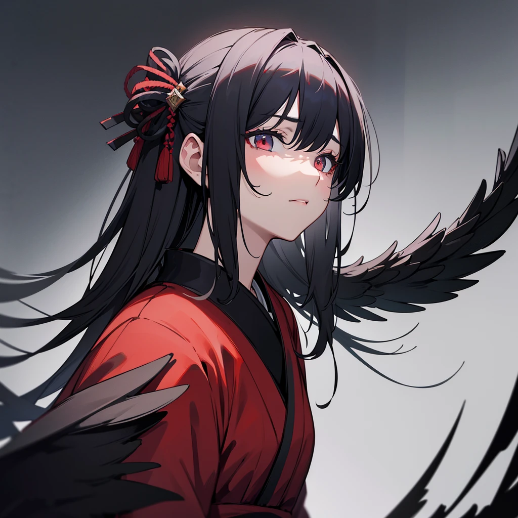 portrait of 1 Dark angel in the dark, her wing surround her, her black wings cover her, totally darkness, dark tone, 8k, hd, unreal engine, dreamy, romantic, fantasy, black plain background, red kimono