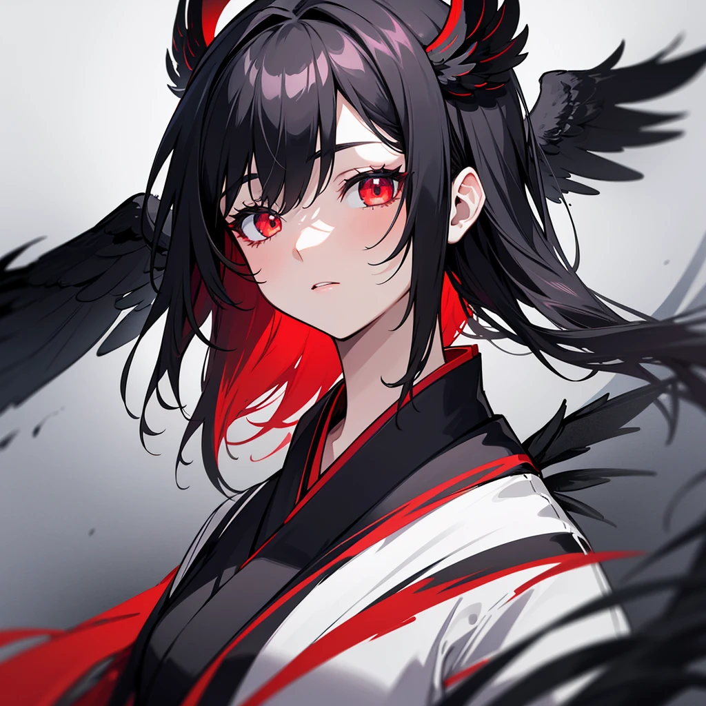 portrait of 1 Dark angel in the dark, her wing surround her, her black wings cover her, totally darkness, dark tone, 8k, hd, unreal engine, dreamy, romantic, fantasy, black plain background, red kimono