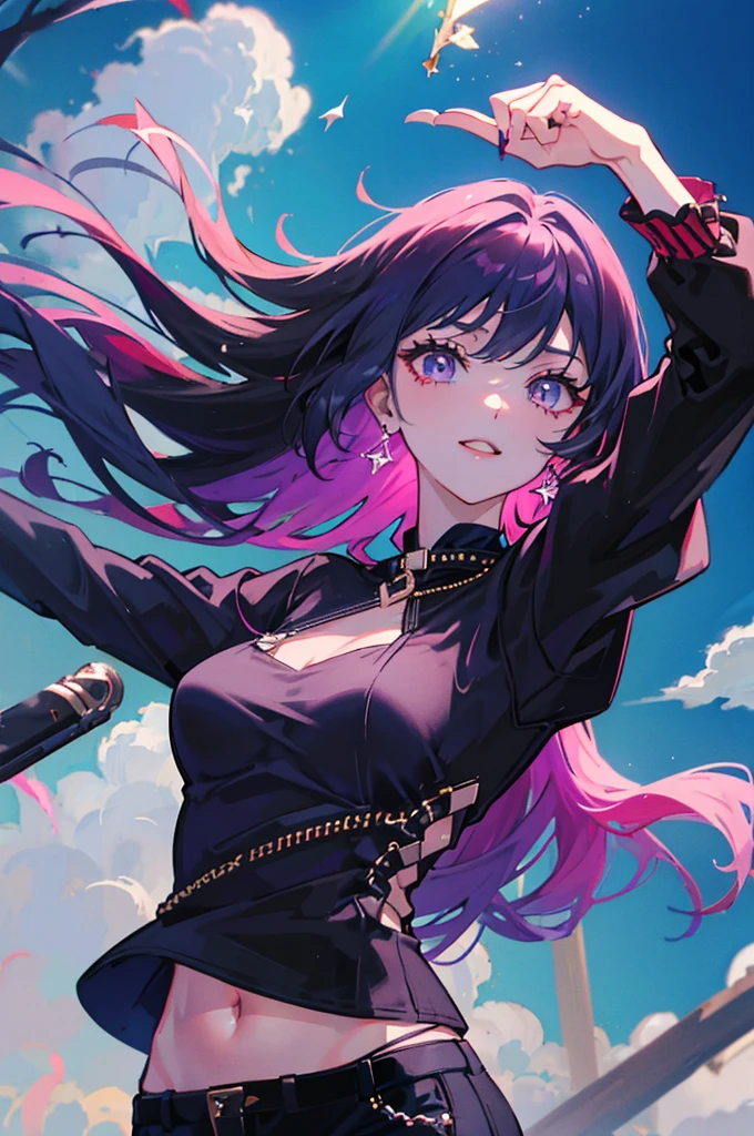 ((Empty, HDR, HD, 4K, 8K)), A girl with a cute smile, Medium breasts, detailed purple eyes, very long red hair，There is purple hair inside, Wearing a hoodie and a crop top underneath, A pair of dark blue jeans, She wore black eyeliner and purple eyeshadow, Red lipstick, Perfect hands臂, Perfect hands, Colored undercoat, Sky background