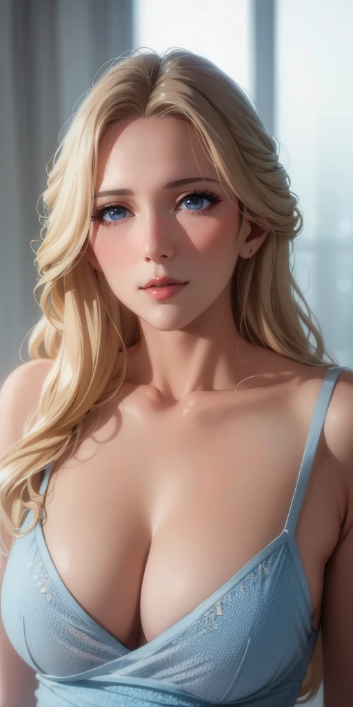 Elegant mature woman, milf, blue eyes, blonde hair, bangs, soft light, 4k resolution, high quality, beautiful cg