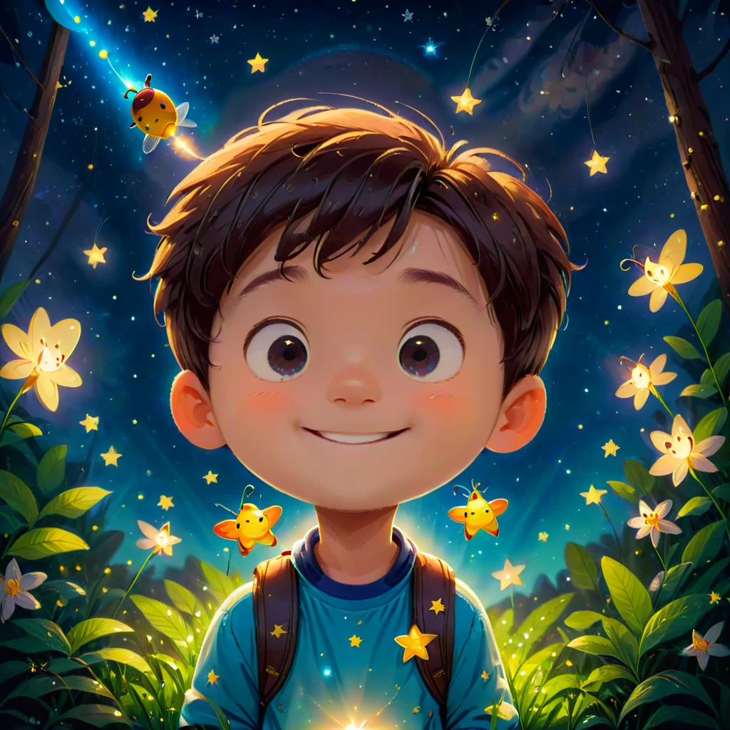 best quality, Masterpiece, Ultra high resolution, clean face, Flat design, wide angle lens, Facing the audience, (boy), lonely, (Faint smile), เสื้อเชิ้ตสีขาวcute, cute, firefly, treat, Zi Hu, star, Glow in the dark