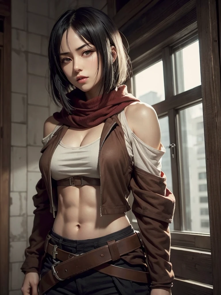 mikasa_ackerman，solo person，by itself，Off-the-shoulder clothing，musclina，cleaveage，へそ，open waist，abs，vest line，Off-the-shoulder attire，