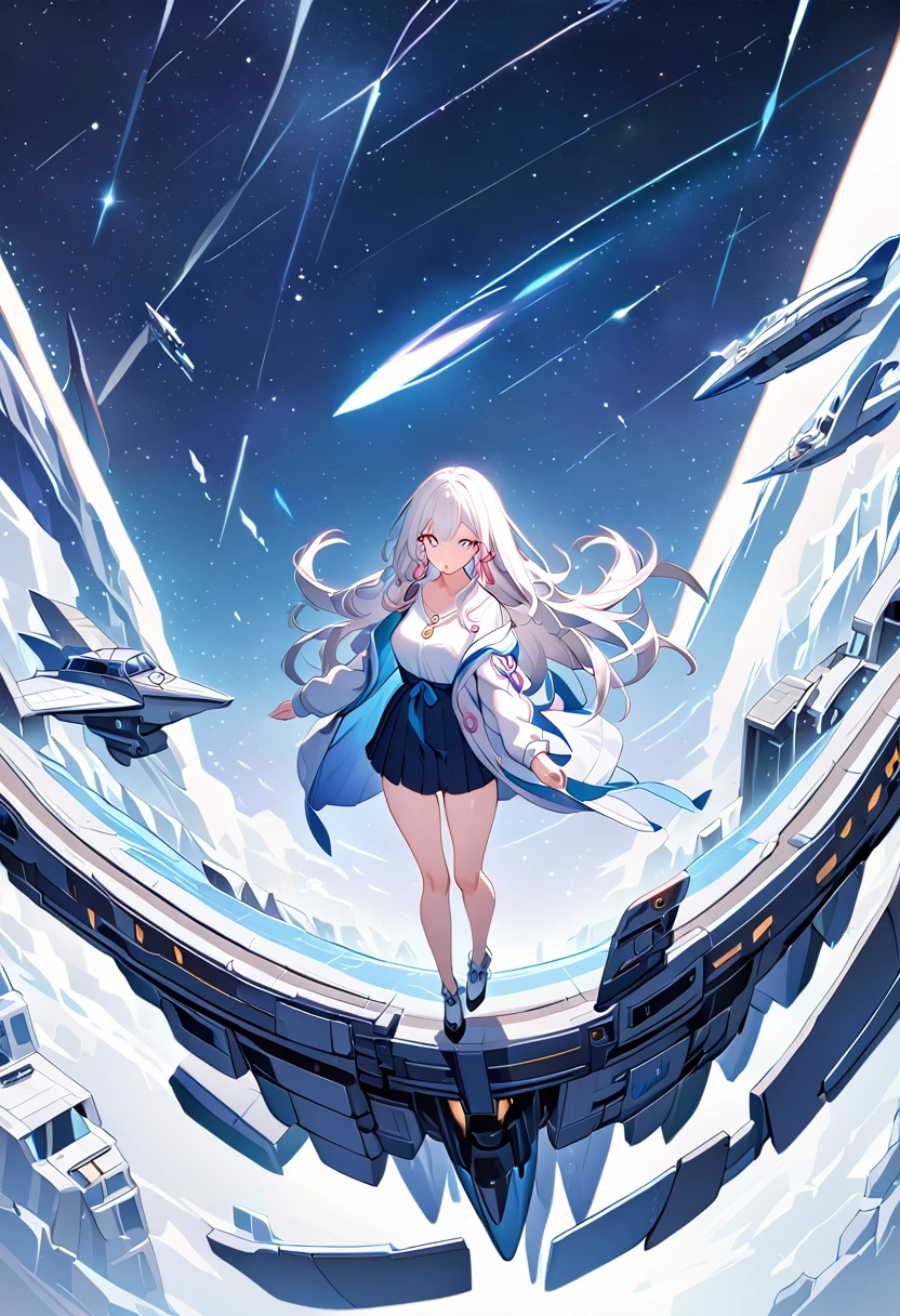 March 7th, multicolored_eyes, ribbon earrings, white hair, long hair, (masterpiece), long hair, spaceship background, [(white background:1.5), ::5], (long shot), isometric, full body,
