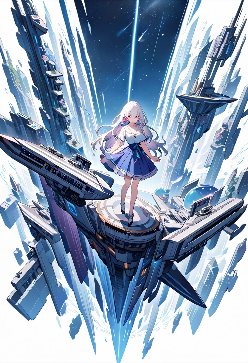 March 7th, multicolored_eyes, ribbon earrings, white hair, long hair, (masterpiece), long hair, spaceship background, [(white background:1.5), ::5], (long shot), isometric, full body,
