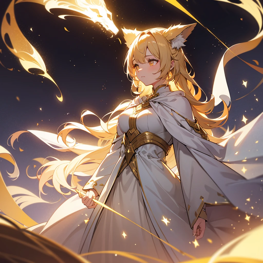 A girl stands in the dark, surrounded by light particles and shimmering gold sparks that form an ethereal glowing wolf silhouette above her head. The atmosphere is mysterious with soft lighting creating a magical ambiance. Digital illustration.