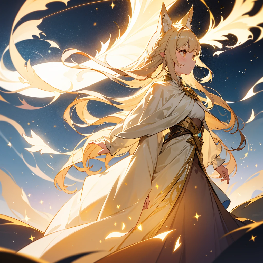 A girl stands in the dark, surrounded by light particles and shimmering gold sparks that form an ethereal glowing wolf silhouette above her head. The atmosphere is mysterious with soft lighting creating a magical ambiance. Digital illustration. 