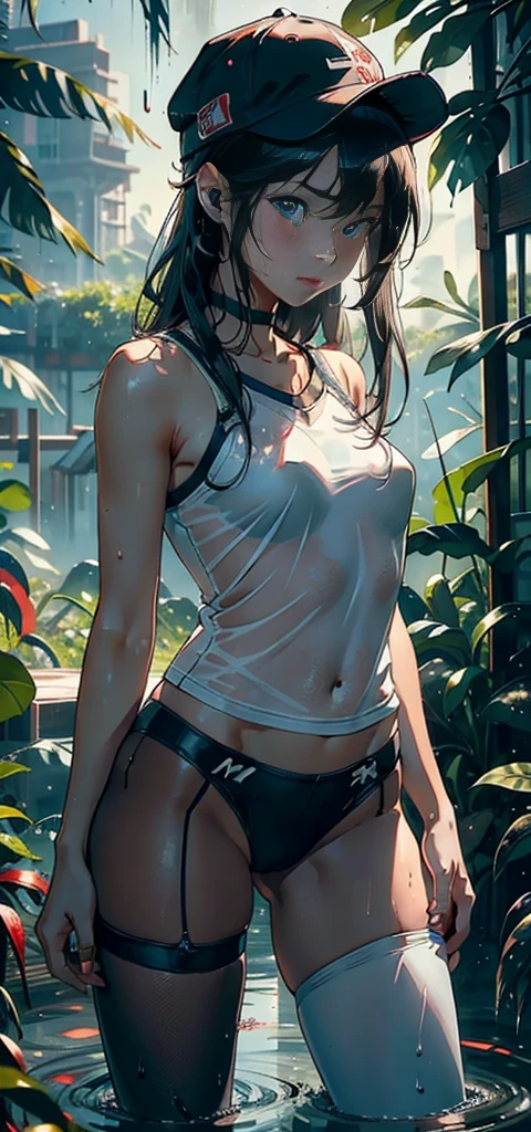 1 female，9 ，，Super cute，Small Breasts ，Pornographic exposure， solo，（background：The Peak，Rainforest，In the summer，There is standing water on the ground，Exterior） Feel free to hairstyle，stride，Sweating，Soaked，从front看，Black long hair ， partly cloudy，（（（masterpiece），（Very detailed CG Unity 8k wallpaper），Best quality，Movie Lighting，详细background，Beautiful and delicate eyes，smart student，（Very delicate and beautiful），（Beautiful and detailed description of the eyes），Extremely detailed，masterpiece，）），Facing the camera，high resolution，Extremely detailed）There is a robotic arm，Cyberpunk style，nude，No underwear，Exposing breasts，Exposed genitals， Convex，Camel toe，性感Convex起，obscene expression，Flushing，Open your mouth，front，Primary s（Wear：Red baseball uniform，Pantyhose，Baseball cap）