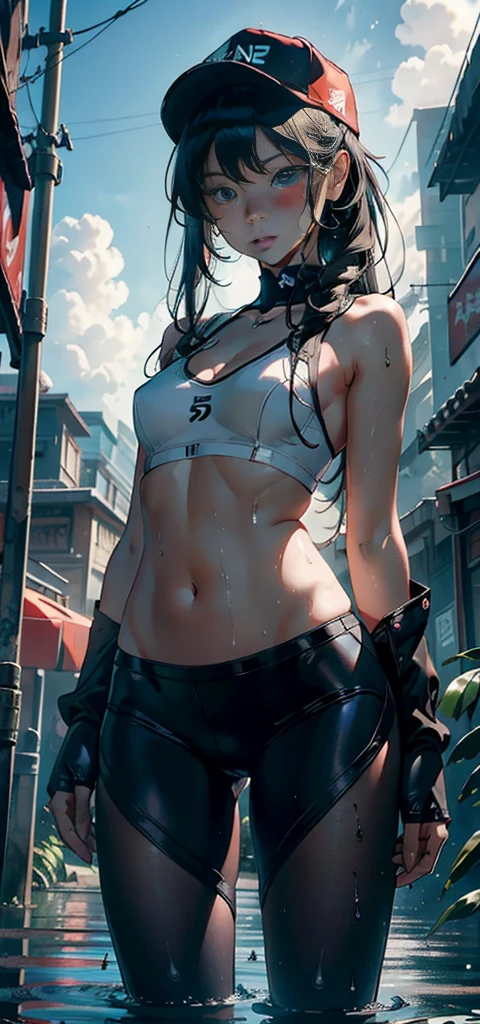 1 female，9 ，，Super cute，Small Breasts ，Pornographic exposure， solo，（background：The Peak，Rainforest，In the summer，There is standing water on the ground，Exterior） Feel free to hairstyle，stride，Sweating，Soaked，从front看，Black long hair ， partly cloudy，（（（masterpiece），（Very detailed CG Unity 8k wallpaper），Best quality，Movie Lighting，详细background，Beautiful and delicate eyes，smart student，（Very delicate and beautiful），（Beautiful and detailed description of the eyes），Extremely detailed，masterpiece，）），Facing the camera，high resolution，Extremely detailed）There is a robotic arm，Cyberpunk style，nude，No underwear，Exposing breasts，Exposed genitals， Convex，Camel toe，性感Convex起，obscene expression，Flushing，Open your mouth，front，Primary s（Wear：Red baseball uniform，Pantyhose，Baseball cap）