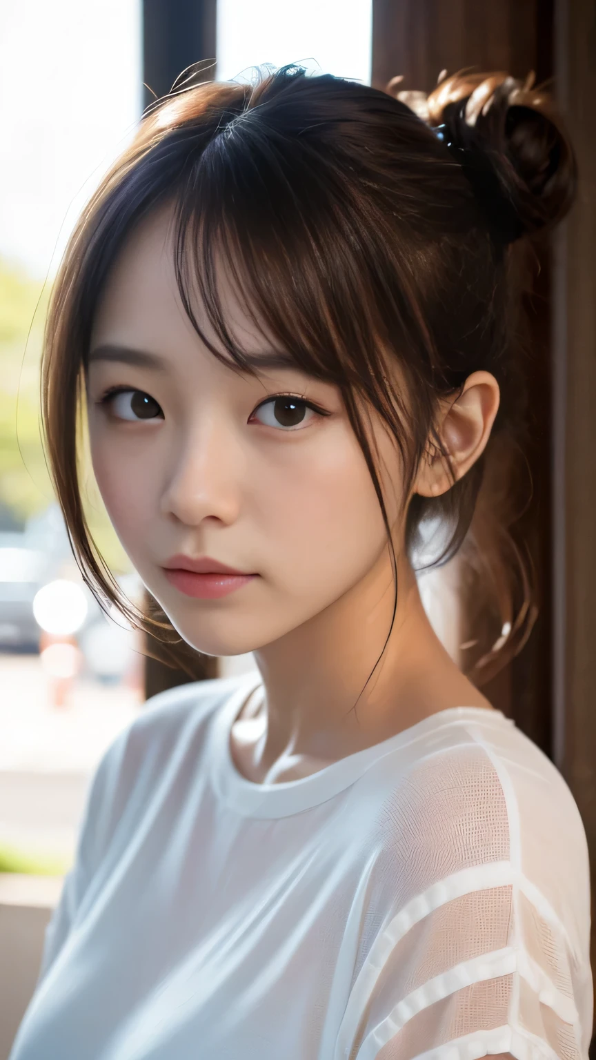 Top image quality, masterpiece level, Ultra-high resolution, Realism, Fantasy Theme, arma, Facial details, girl with, Single, Hair bun, Fairy tale theme, Upper body、japanese architecture, loimu, Get detailed outdoor lighting and movie lighting, increase detailed overall ambient light, Face and eye details, improve the realism of body details, clearly express sharp focus, deadpan, White clothes, Burgundy hair, Bright eyes, Simple background.