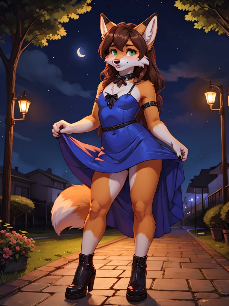 Best quality, furry male fox with green eyes, with brown long hair, with black spout, with red lipstick on lips, big lips, in a blue dress, crossdressing, shy, sexy pose, stands seductively against the backdrop of a night park