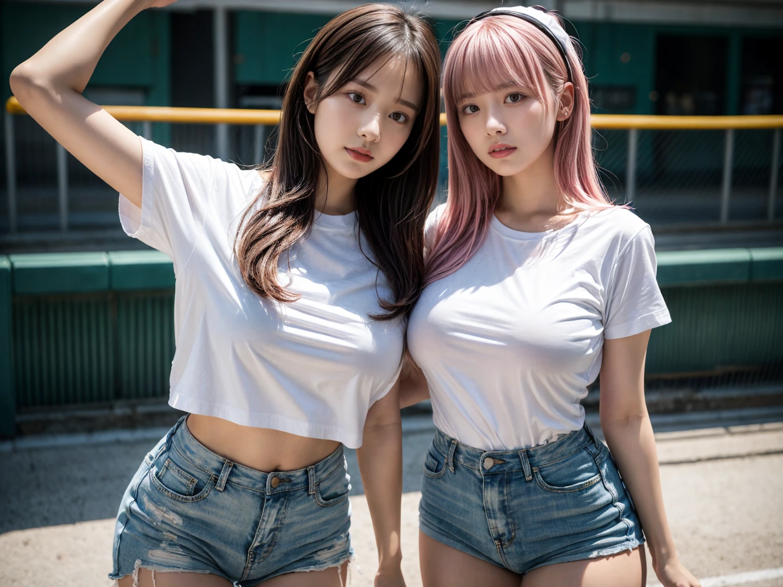 2 girls, 21yo girl,pink hair,long hair, wearing oversize white t-shirt, hot pants, wearing a baseball cap, natural big breast, show big thigh, plump body, single sidelock hairpin blush modern cinematic lighting,ray tracing,drop shadow wide shot UHD,textured skin,high details,best quality 4K, (from below:1.2), (realistic:1.1), (surreal:1.2), (very detailed:1.1)