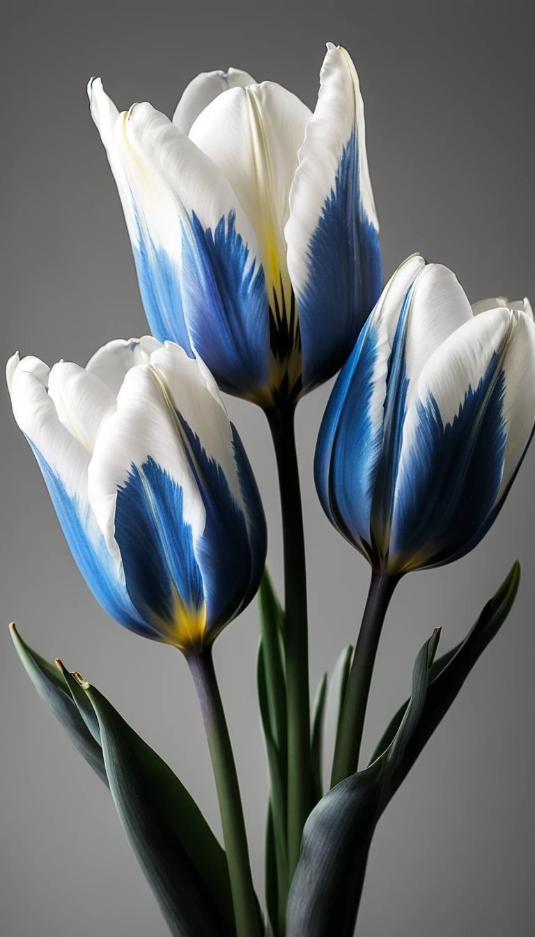 Photo noir et blanc et bleu profond, une femme aux yeux bleus sublimes, (longs cheveux aux reflets bleus électriques très détaillés), une peau impeccable, tir à moitié du corps, tenant une tulipe darkblue, intensité du regard captivant, style de photographie fantaisiste, capturé avec un appareil photo Arriflex 35BL utilisant des objectifs Canon K25, Cinématique, Éclairage dramatique, Extrêmement clair, masterpiece surréaliste à couper le souffle, (sublime tulipe très détaillé, tulipe aux couleurs irisées), arttlpwllw
