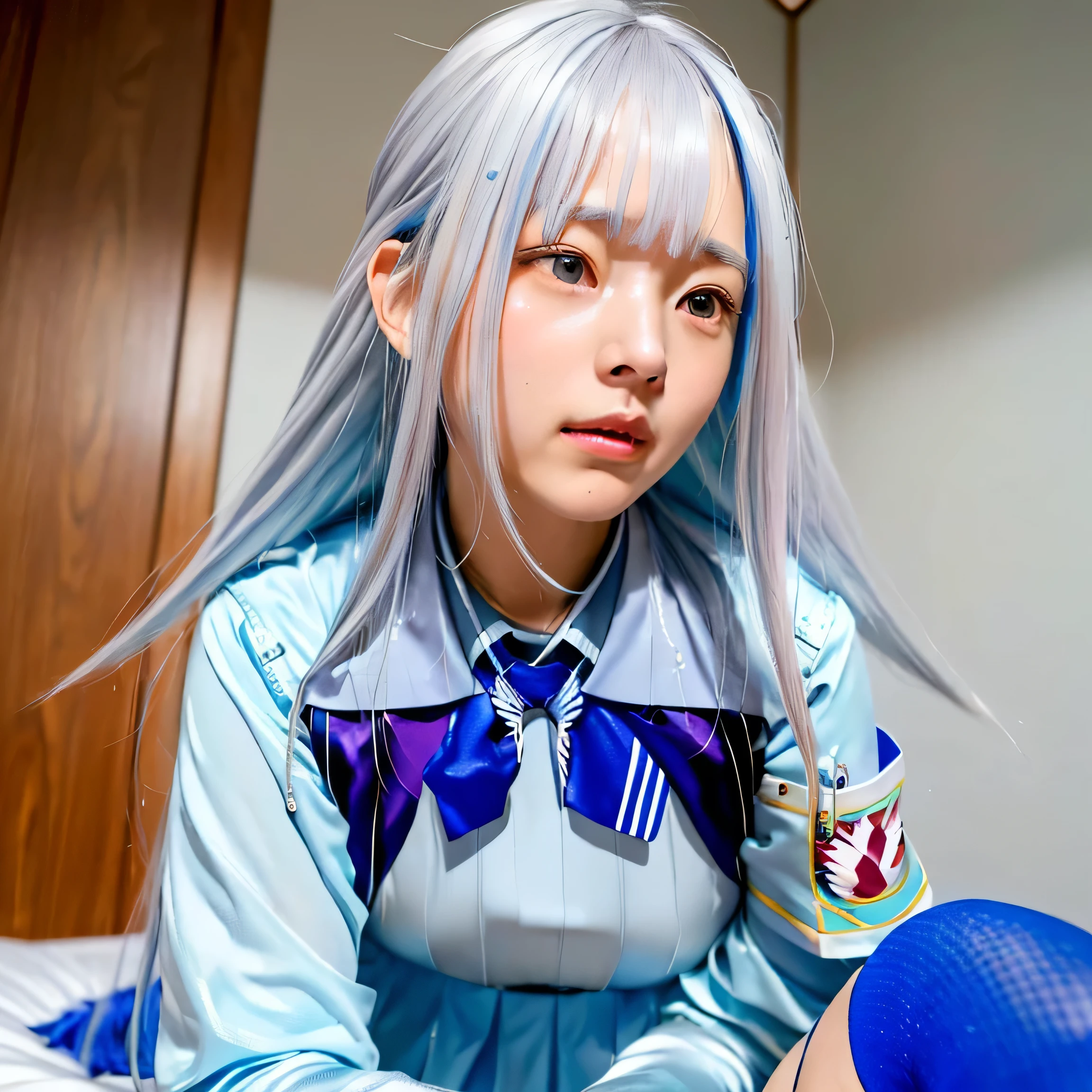 ,(((Liz Hellesta))),(Liz Hellesta髪),((Dressed seriously)),(((Do not expose breasts))),masterpiece, Highest quality ,(1 beautiful woman), Liz Hell,cameltoe,(Straight gray straight hair,((Bangs)),((Beautiful Japanese woman face)),Thin face,((Thin cheeks)),Beautiful woman face,Precise depiction,Excellent costume design, (Small breasts), Slender upper body,(8k Full Body RAW Photo), (Highly detailed skin: 1.2), ((Oily skin)),smile, Highly detailed face, ((Grey Hair)),fine grain, (((Sweaty body))), (((Oily skin))),Inside the room,1 Girl,Open your mouth,(((Open your eyes))),(((View your viewers))),Look this way,(((Open your eyes))),(((Open your eyes))),,(Realistic:1.0),Front view,1girl,Hair Ornament Net、Long Hair、Long sleeve、((Blue thigh-high socks in silk fabric))、((Armband))、Blue pleated mini skirt、((White jacket, cotton material))、(tight white shirt)、Blue Skirt、((Metallic black thigh straps)),(((Front view))),View your viewers,((Open your mouth)),Showing teeth,Constricted eyes,(((blush,shame))),(((Puzzled expression))),Ecstasy, Heavy breathing, Open your mouth, Female orgasm,