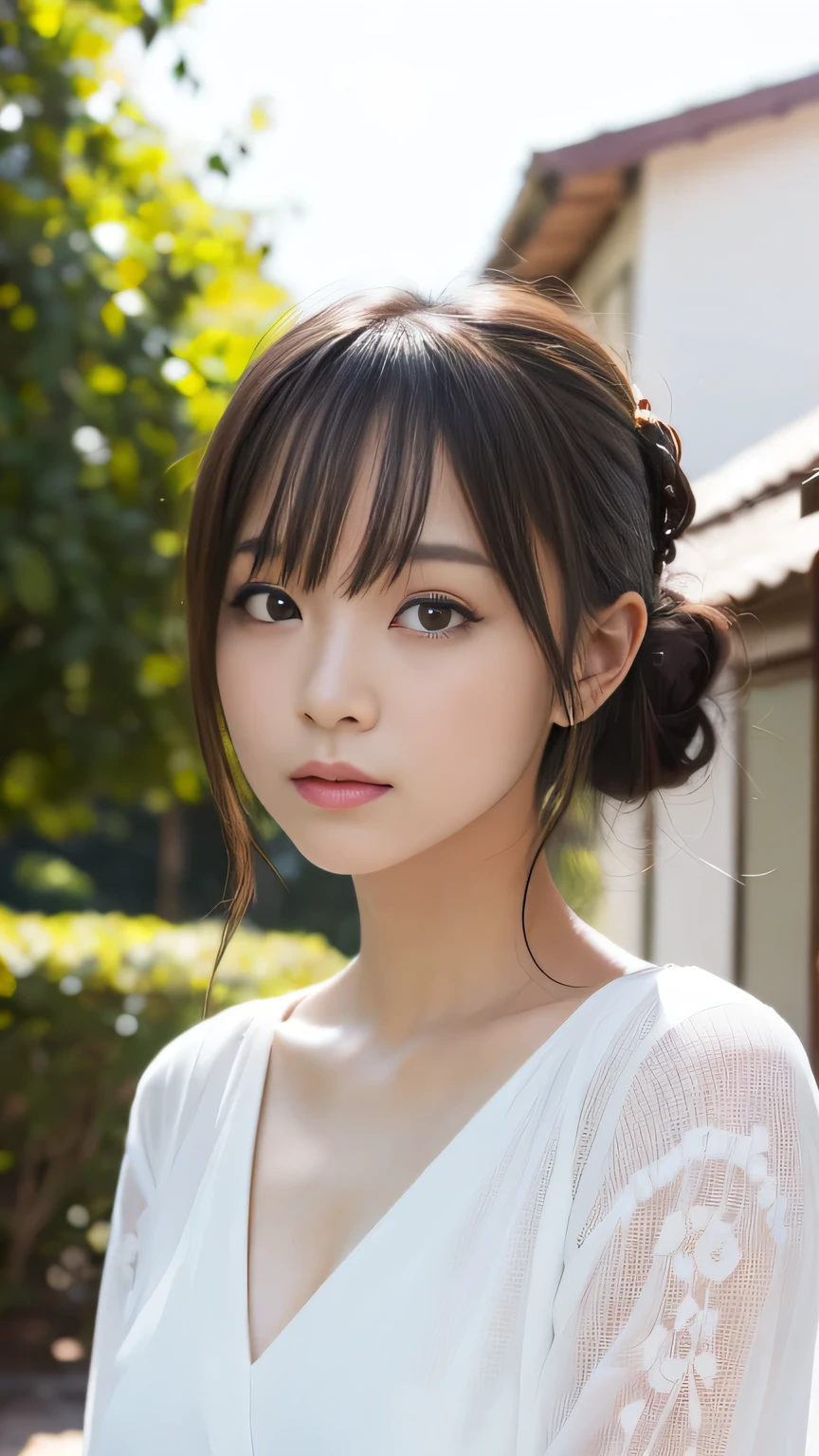 Top image quality, masterpiece level, Ultra-high resolution, Realism, Fantasy Theme, arma, Facial details, girl with, Single, Hair bun, Fairy tale theme, Upper body、japanese architecture, loimu, Get detailed outdoor lighting and movie lighting, increase detailed overall ambient light, Face and eye details, improve the realism of body details, clearly express sharp focus, deadpan, White clothes, Burgundy hair, Bright eyes, Simple background.
