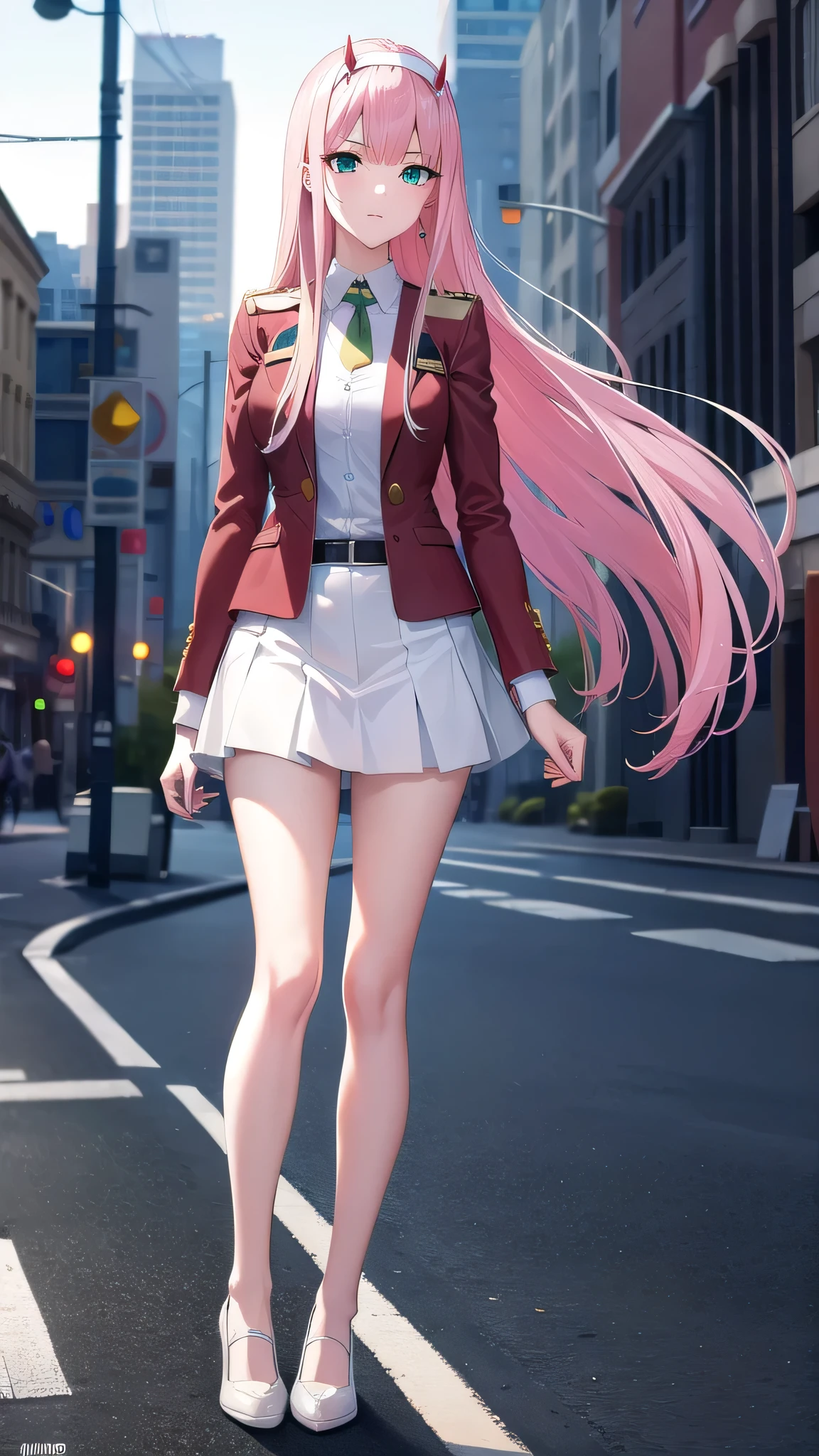 BREAK looking at viewer, BREAK (masterpiece:1.2), best quality, high resolution, unity 8k wallpaper, (illustration:0.8), (beautiful detailed eyes:1.6), extremely detailed face, perfect lighting, extremely detailed CG, (perfect hands, perfect anatomy),city,street,night,wet road, zero two, (green eyes:1.5), hairband, horns, long hair, pink hair, red horns, white hairband,jacket, leggings, red jacket, white footwear,skinny fit,long legs, in middle,upper body shot,