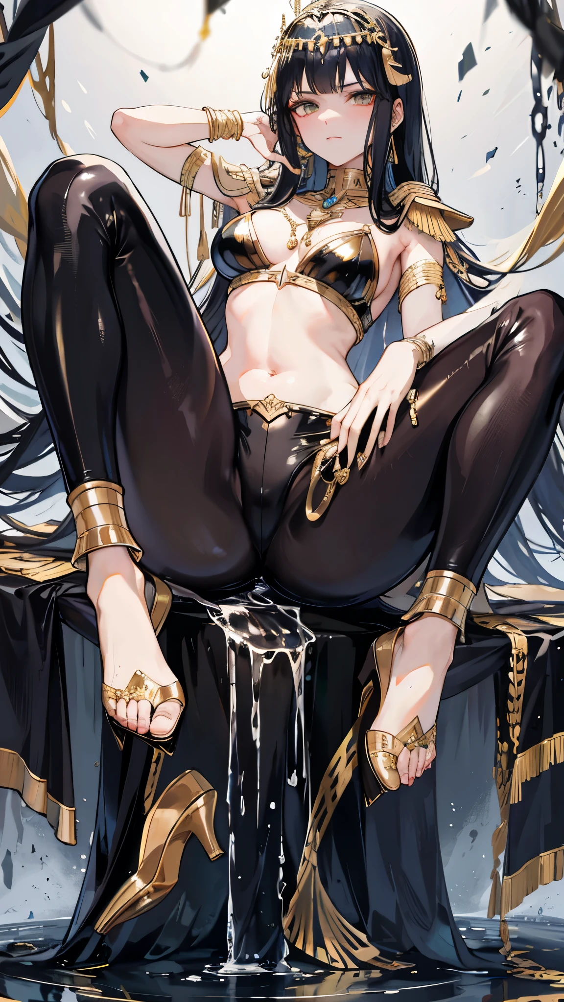 Cleopatra, foot,Very shy, foot,Transparent liquid,Maximum chest,Soaked,There is no lower limit,black,Queen,Leather pants,The expression is arrogant,laugh at,High heel