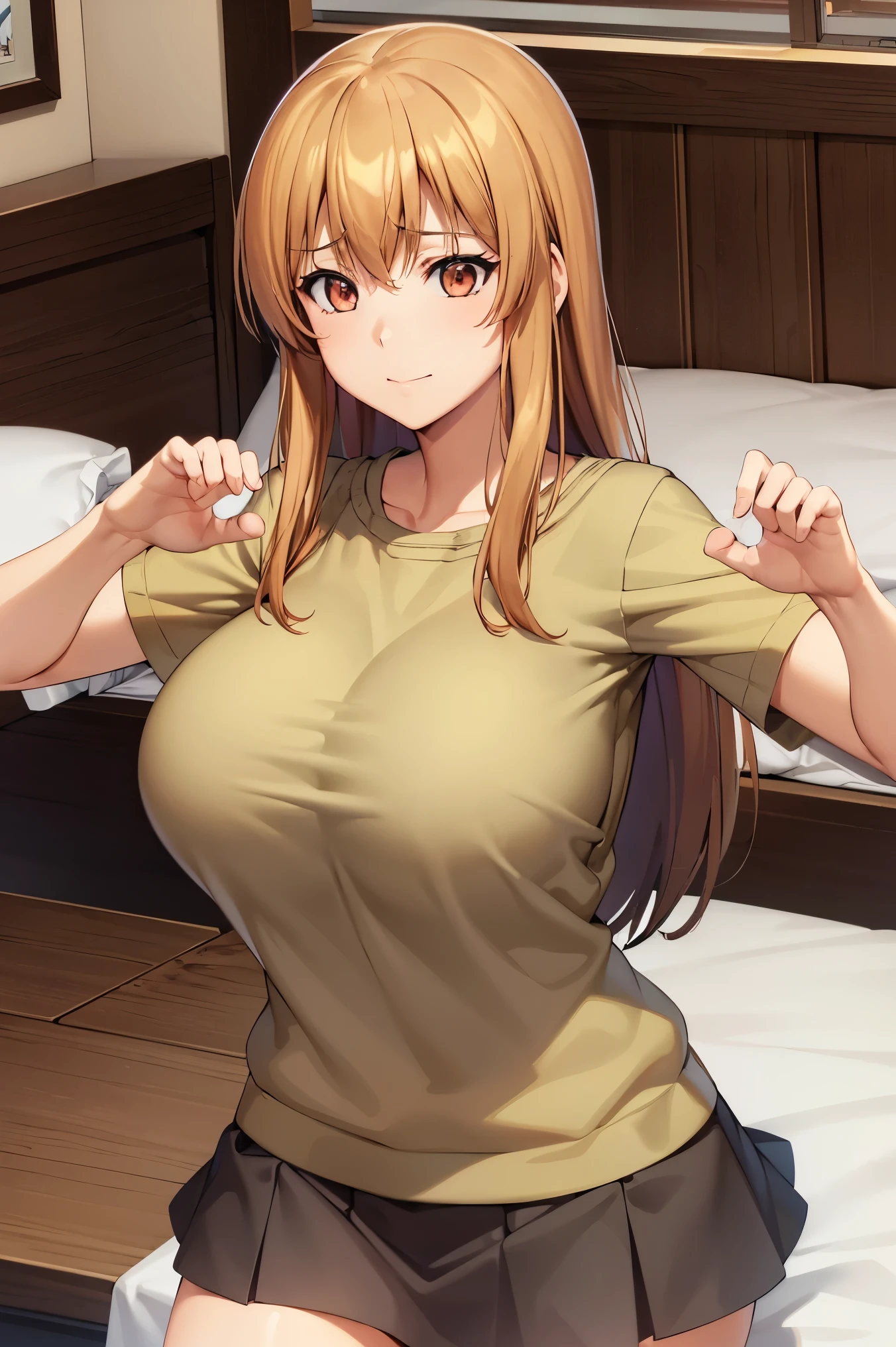 Huge tits , Busty, best quality, (masterpiece:1.2), highly detailed, brown t-shirt, hands up, 1girl,  kotegawa nanaka, sleeping on bed, sleep, closed eyes, lying arround bed, bedroom, bed, pillow, light smile, brown eyes, long hair, indoor, room, close up, short skirt 