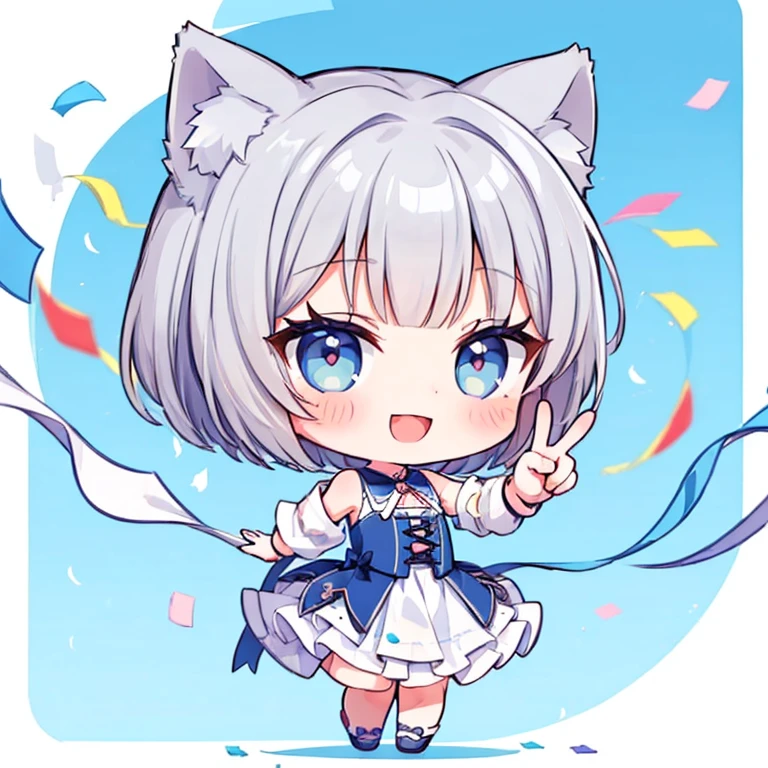 (peace sign:1.5), (One girl), cute, ((Chibi Character)), (smile:1.3), Open your mouth, (Cat ear), (Gray Hair), Bobcut, (Confetti:1.2), Idol Stage, Full Body Shot, ((Highest quality)), ((masterpiece)), (detailed), Perfect Face, Perfect Arms, Perfect hands, Perfect Fingers, anime, Ultra-fine illustration,