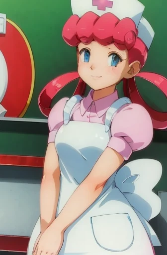 (masterpiece, Highest quality:1.2), nurse joy, Pokemon, blue eyes, Mouth closed, Long Hair, Pink Hair, Short sleeve, nurse, blush, Holding, puffy Short sleeve,Puff sleeves, nurse cap, One girl, View your viewers, smile, alone, Have, dress, apron, Hair Ring, clipboard