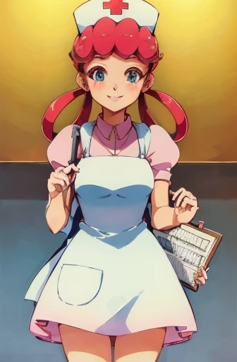 (masterpiece, Highest quality:1.2), nurse joy, Pokemon, blue eyes, Mouth closed, Long Hair, Pink Hair, Short sleeve, nurse, blush, Holding, puffy Short sleeve,Puff sleeves,  nurse cap, One girl, View your viewers, smile, alone, Have, dress, apron, Hair Ring, clipboard 