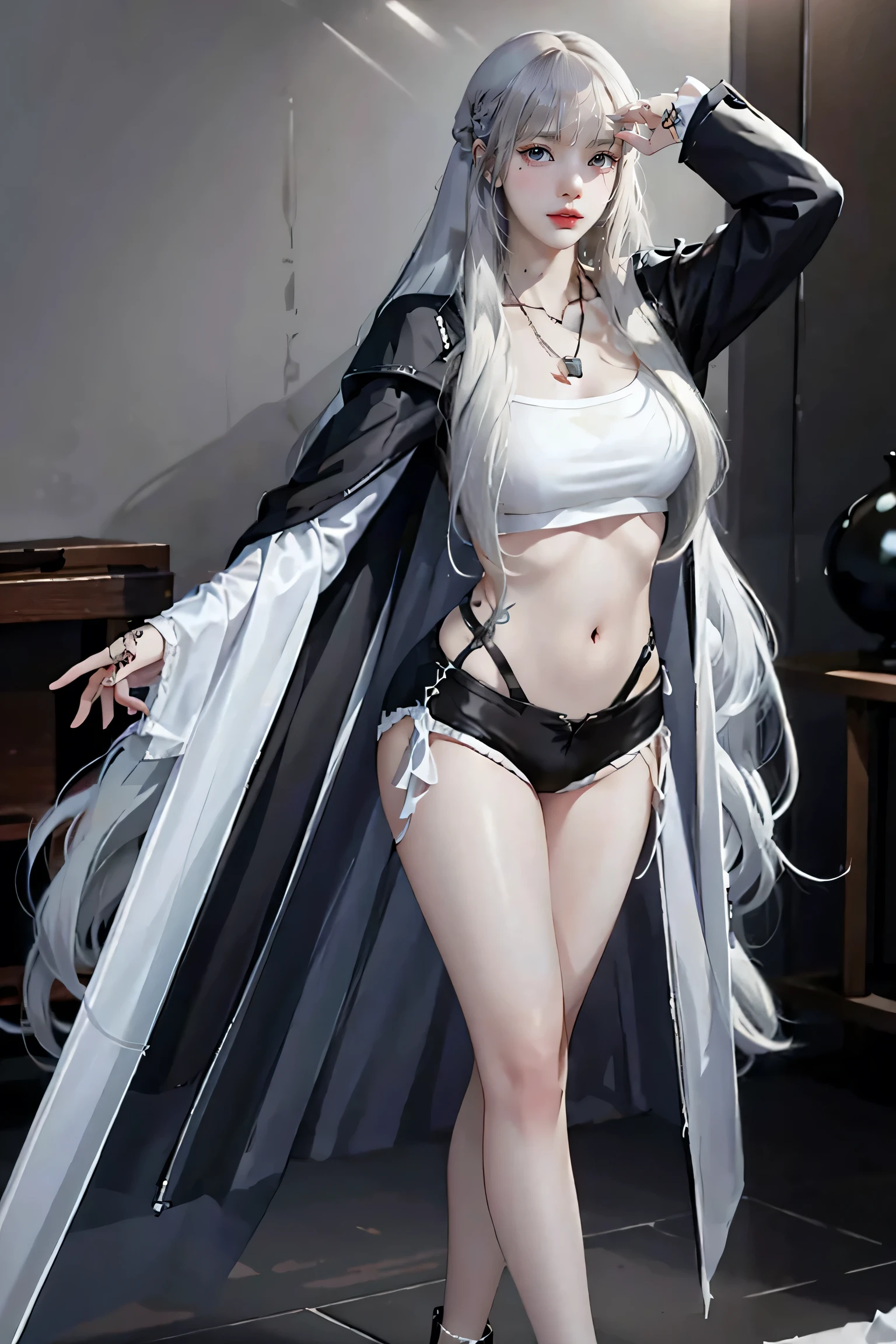 ((Woman with tattoo on chest)), girl, ((long white hair with bangs,,, Black strands of hair)), Purple eyes, White T-shirt and white cape, Pendant around the neck. 超High resolution.Realistic. 超High resolution.Realistic:1.4,超High resolution. Realistic，High resolutionで, masterpiece, Highest quality, Very detailed, Better Shadows, Volumetric lighting), super high quality, High resolution, 8k, Ultra-Realistic Portraits , Realistic, Dynamic Lighting, Volumetric lighting, Very detailed顔,(Browsing Caution:1.0), Full Body Stand Posture, Thin legs, ((Large Breasts)), Detailed facial details, Natural and beautiful standing posture,